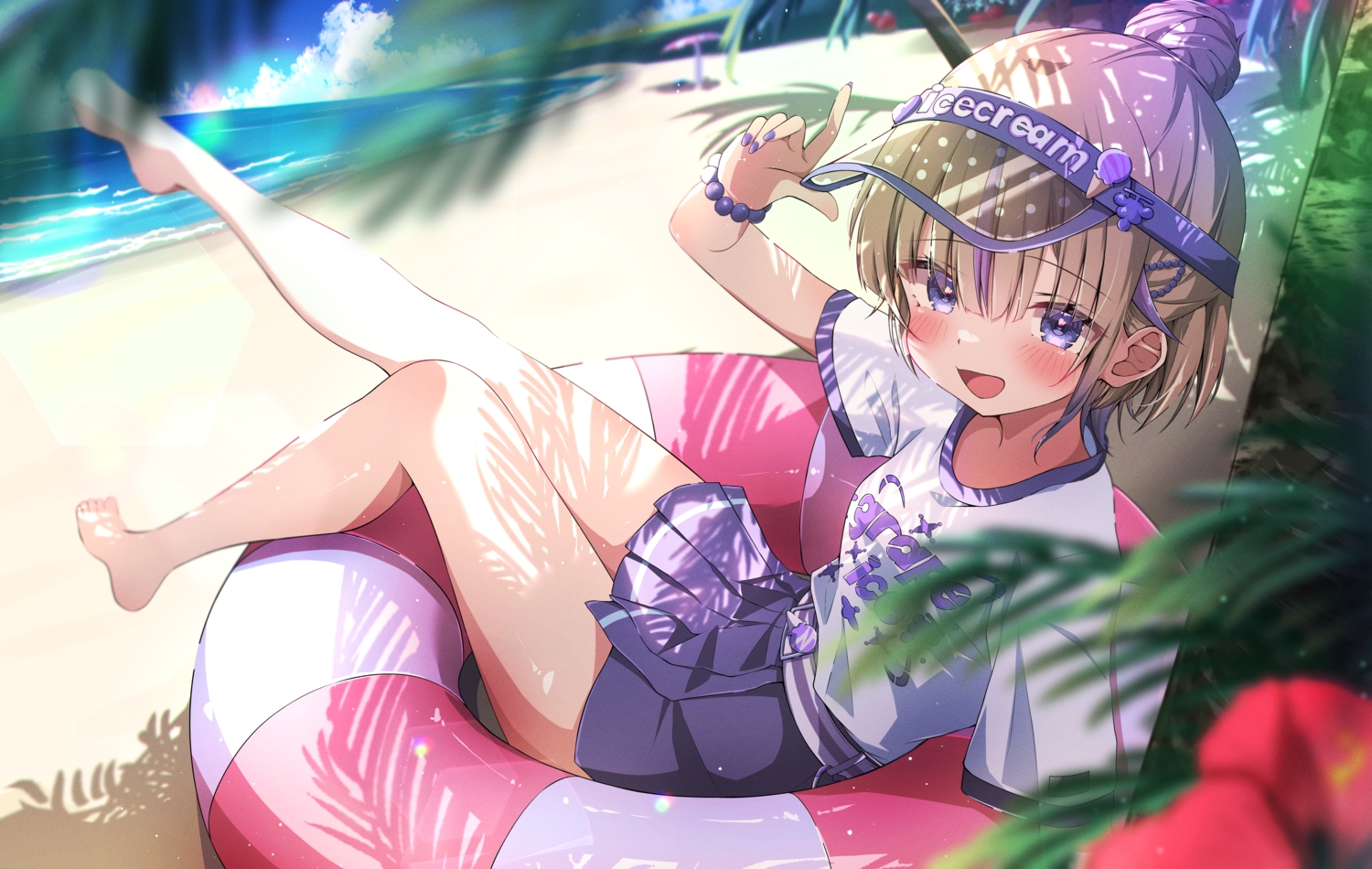 barefoot, beach, blush, brown_hair, clouds, flowers, hat, hololive