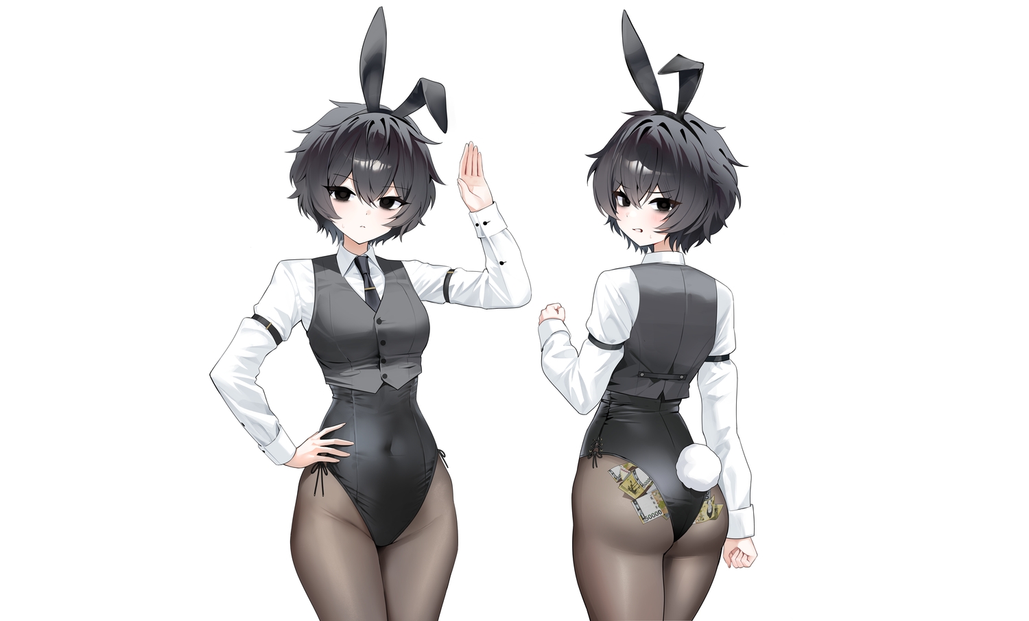 animal_ears, ass, black_eyes, black_hair, blush, bunny_ears, bunnygirl, headband