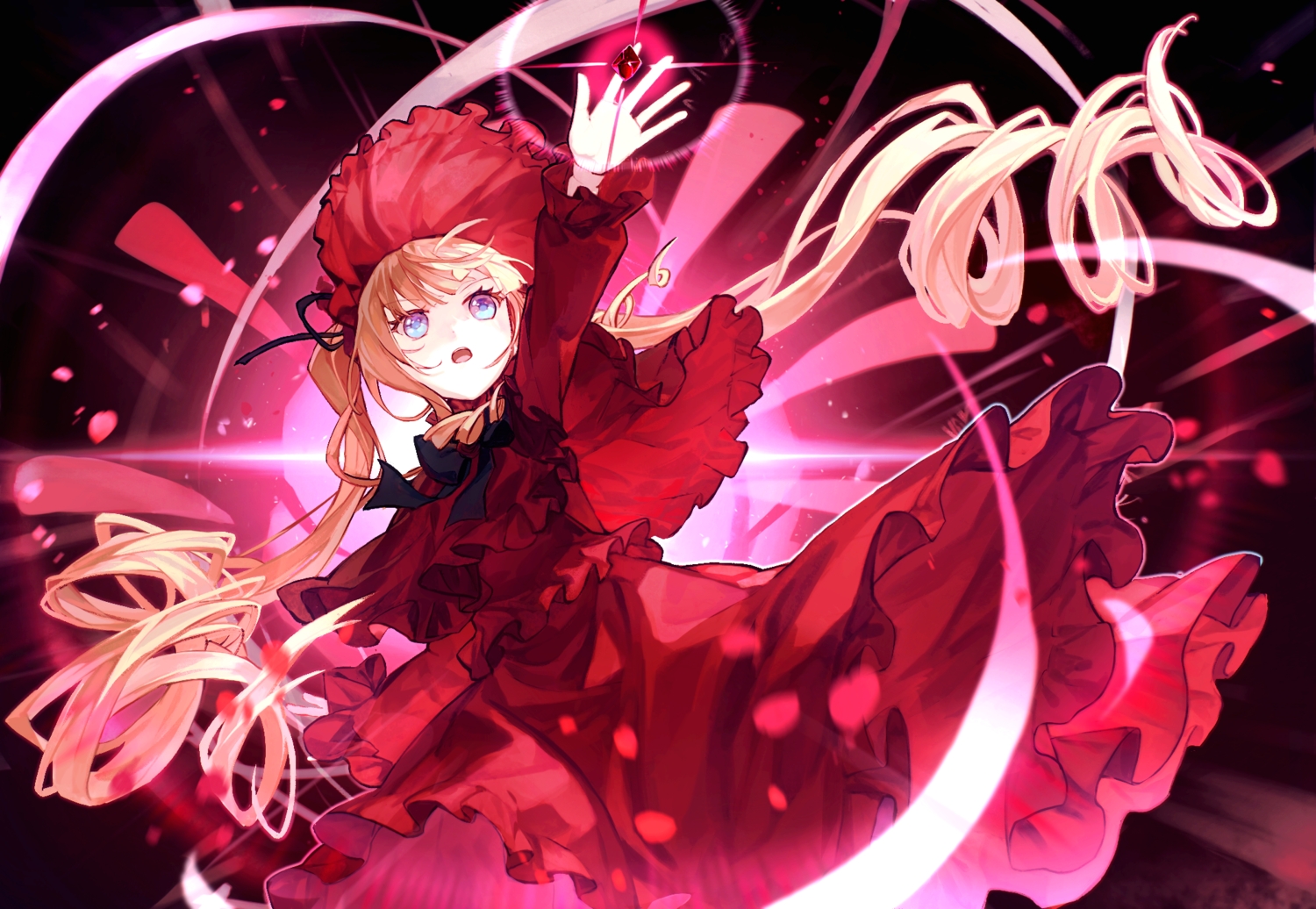 blonde_hair, blue_eyes, bow, dress, headdress, lolita_fashion, long_hair, magic, petals, red, rozen_maiden, ryuh_(asahina_neru), shinku, twintails