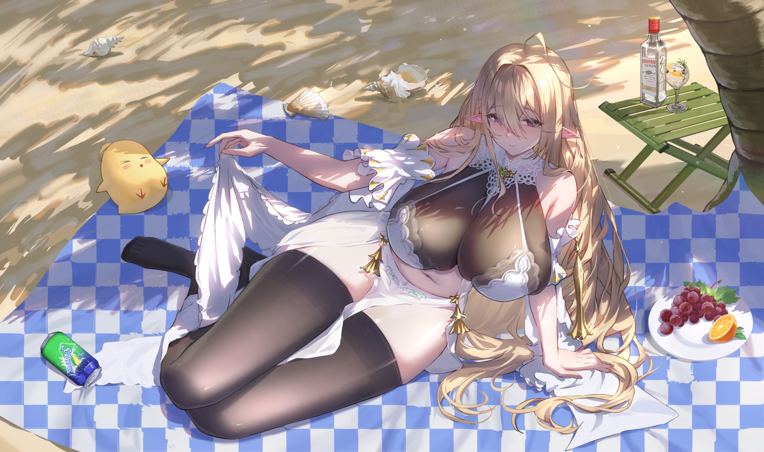 animal, anthropomorphism, azur_lane, bird, blonde_hair, breasts, drink, food, fruit, gouden_leeuw_(azur_lane), long_hair, manjuu_(azur_lane), navel, nick_laojiao, orange_(fruit), pointed_ears, purple_eyes, shade, skirt_lift, thighhighs, tree