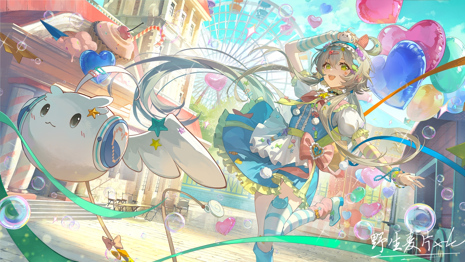 apron, bow, bubbles, building, choker, clouds, dress, gray_hair