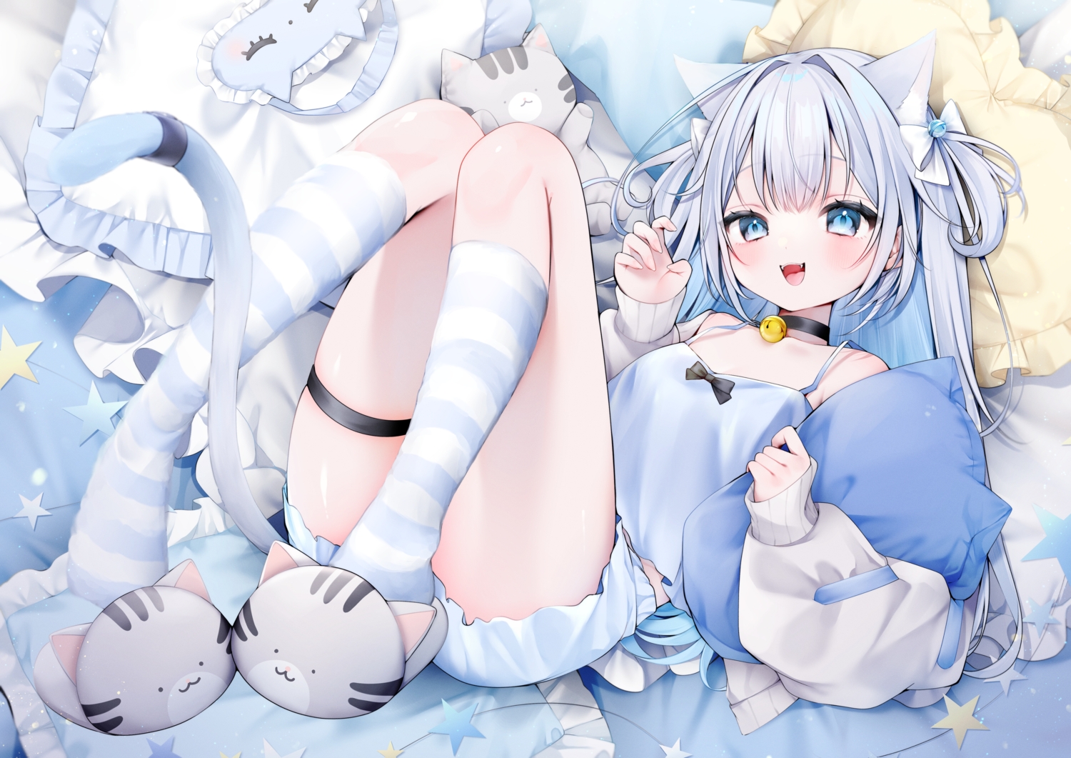animal_ears, bed, bell, blue_eyes, bow, catgirl, cat_smile, collar