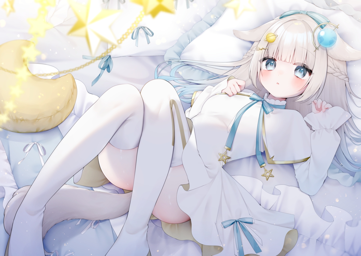 animal_ears, bed, blonde_hair, blue_eyes, blush, boots, bow, braids
