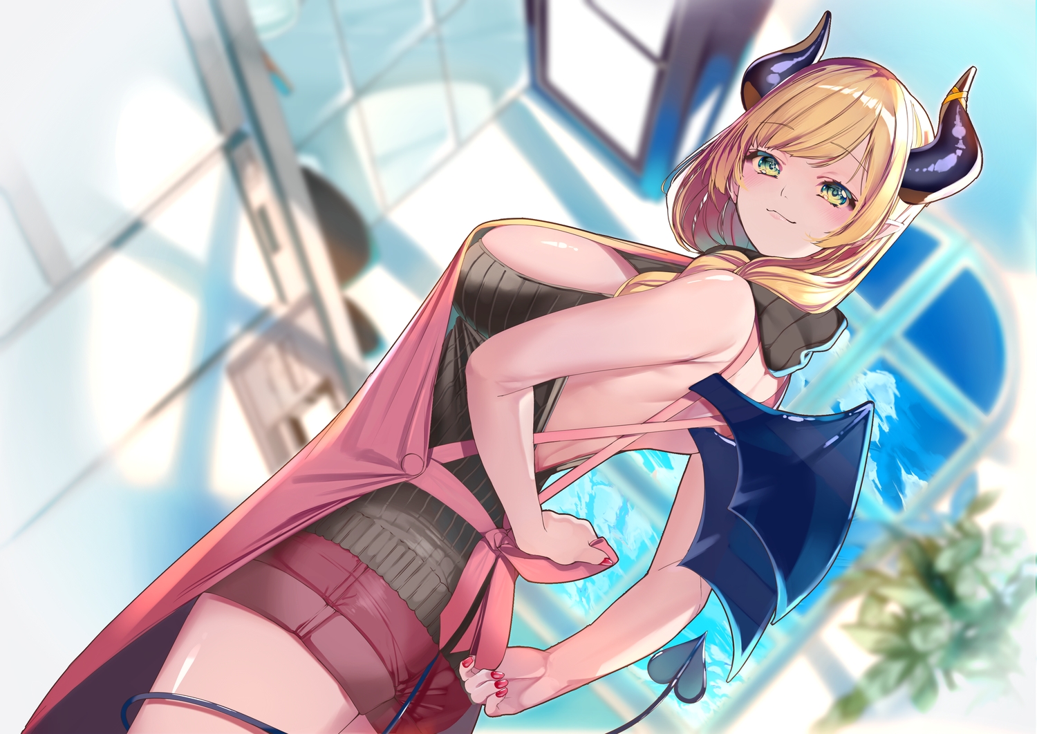 apron, blonde_hair, blush, braids, breasts, cat_smile, clouds, demon