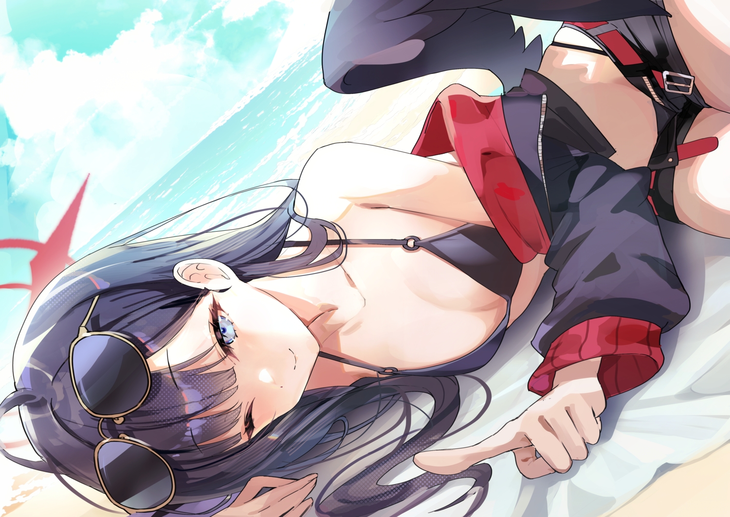 beach, bikini, black_hair, blue_archive, breasts, cleavage, close, clouds