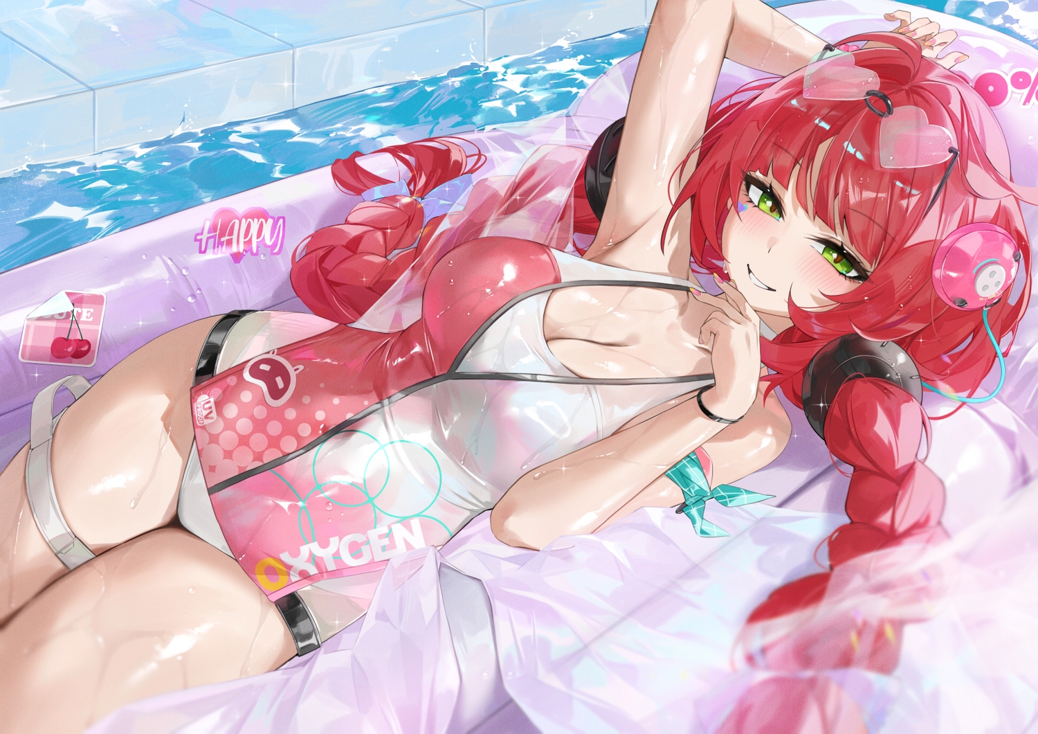 blush, braids, breasts, choker, cleavage, dema_hmw, garter, green_eyes