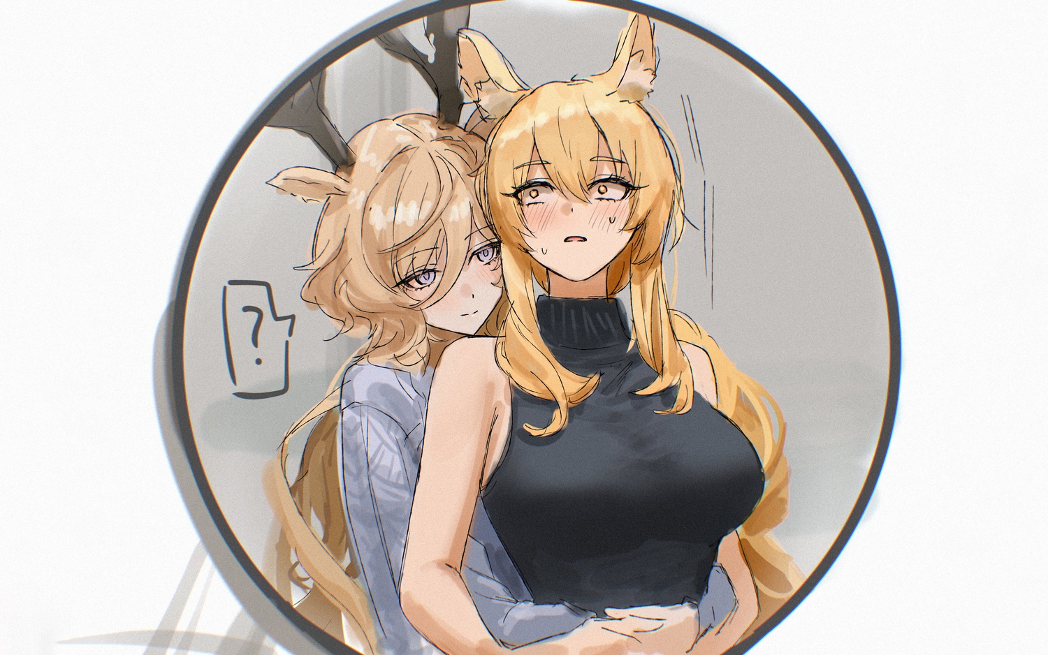 2girls, animal_ears, arknights, blonde_hair, blush, horns, hug, long_hair