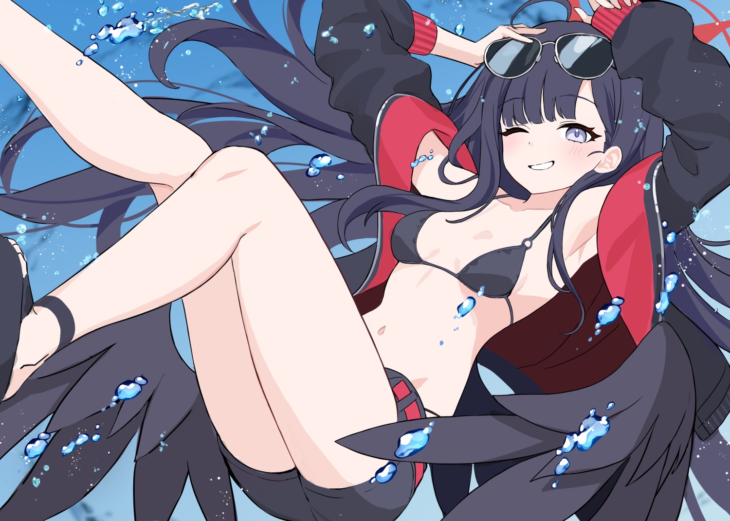 bikini, black_hair, blue_archive, blush, bubbles, gray_eyes, halo, kiki-yu
