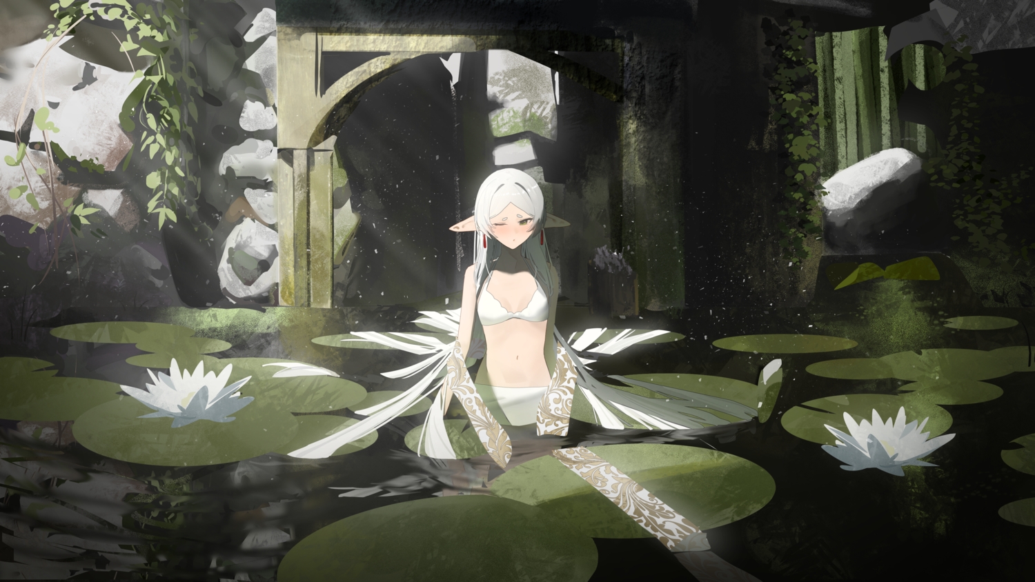 bikini_top, flat_chest, flowers, frieren, gray_hair, green_eyes, leaves, long_hair, pointed_ears, shade, sousou_no_frieren, takoyoomi, water, wink