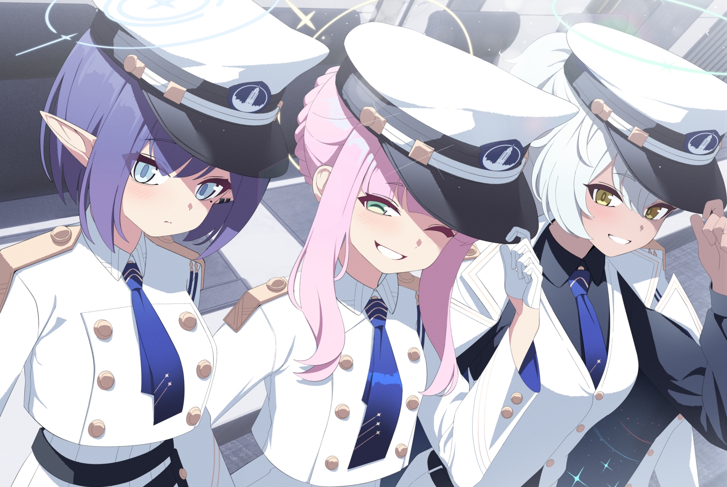 aliasing, blue_archive, blue_eyes, blush, braids, cape, dark_skin, giga-tera