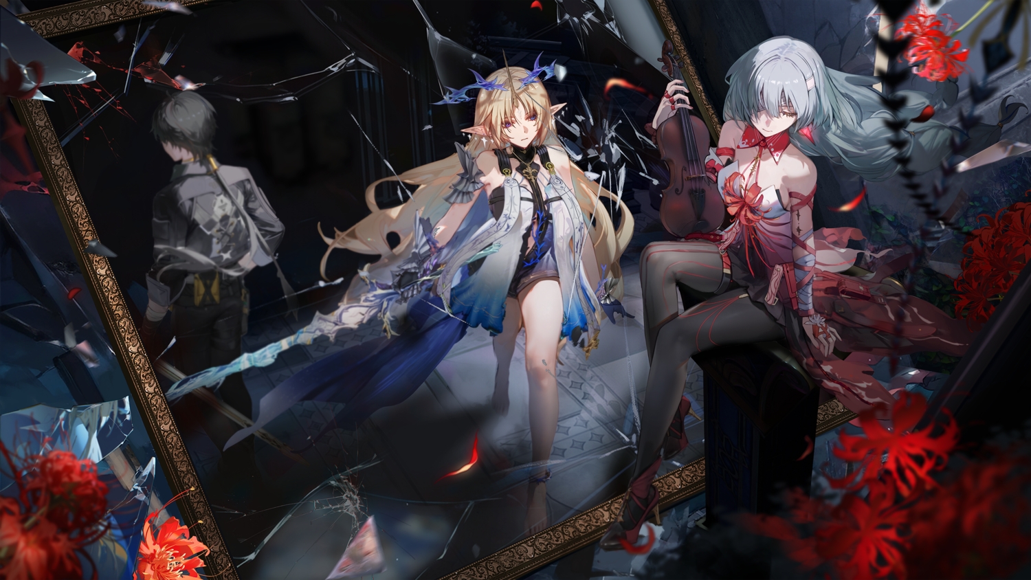 armor, bandage, barefoot, black_hair, blonde_hair, blue_eyes, dress, eyepatch