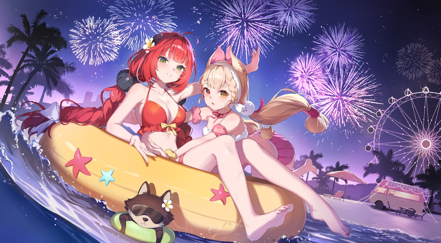 2girls, alice_thymefield, animal, animal_ears, barefoot, beach, bicolored_eyes, bikini, blonde_hair, bow, braids, breasts, bunny_ears, bunnygirl, choker, cleavage, fireworks, green_eyes, kamanosuke_(zenless_zone_zero), long_hair, morimori_(14292311), night, red_hair, ribbons, skirt, sky, sunglasses, swim_ring, swimsuit, tail, tree, twintails, ukinami_yuzuha, umbrella, water, wristwear, zenless_zone_zero