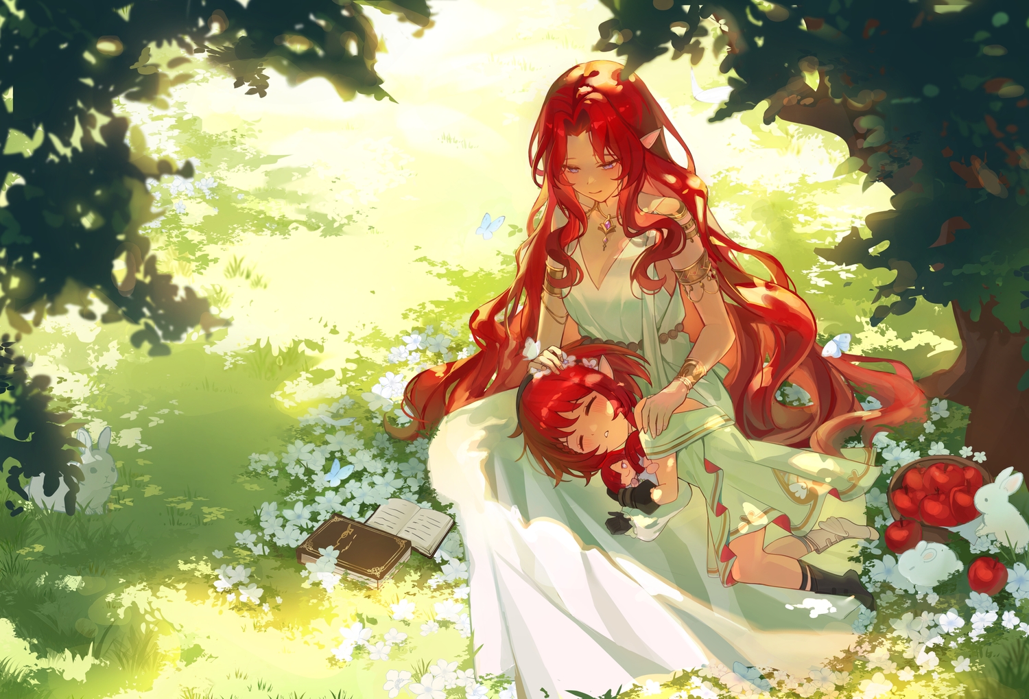2girls, animal, apple, blue_eyes, blush, book, boots, breasts, butterfly, cleavage, doll, dress, flowers, food, fruit, gloves, grass, headband, honkai_(series), honkai:_star_rail, leaves, loli, long_hair, necklace, pointed_ears, rabbit, red_hair, shade, short_hair, sleeping, tree, tribbie_(honkai:_star_rail), tribios_(honkai:_star_rail), uwon, wristwear