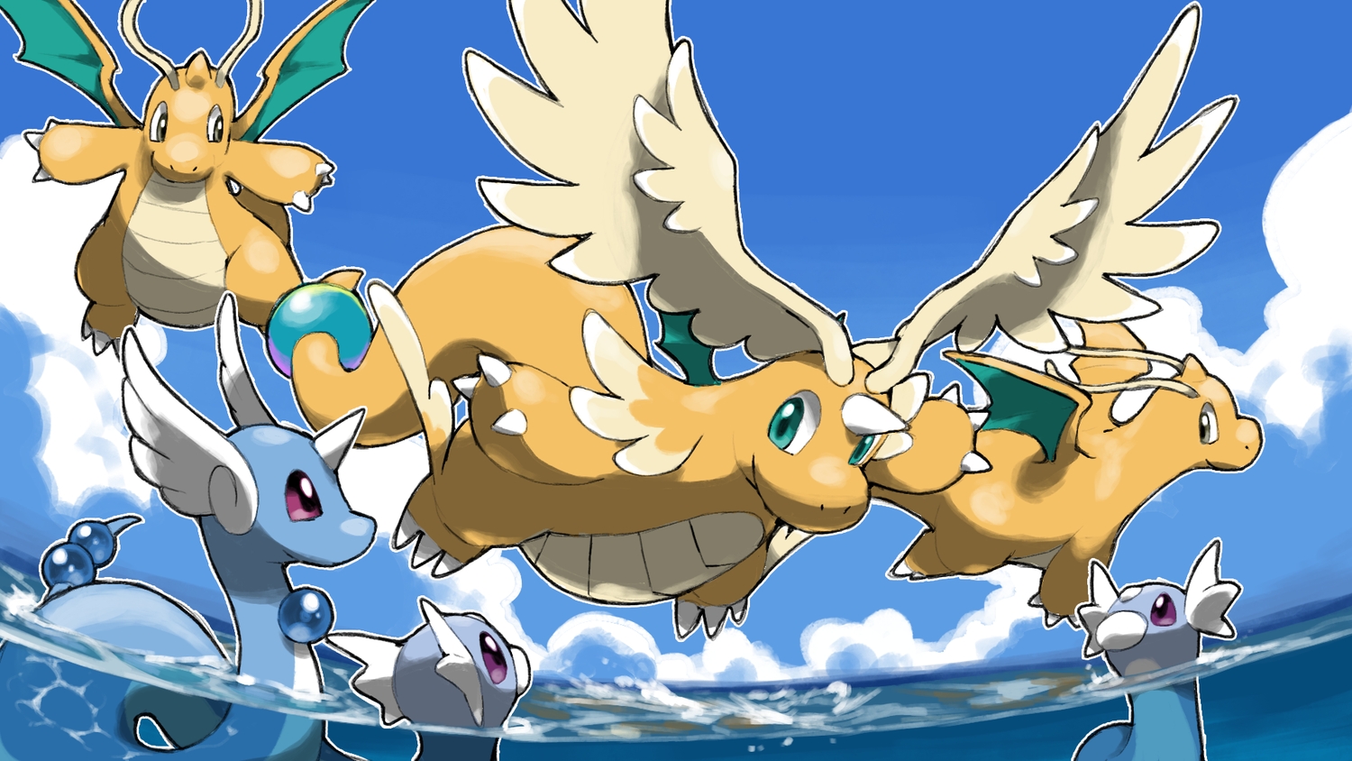 aqua_eyes, blacknirrow, clouds, dragon, dragonair, dragonite, dratini, group