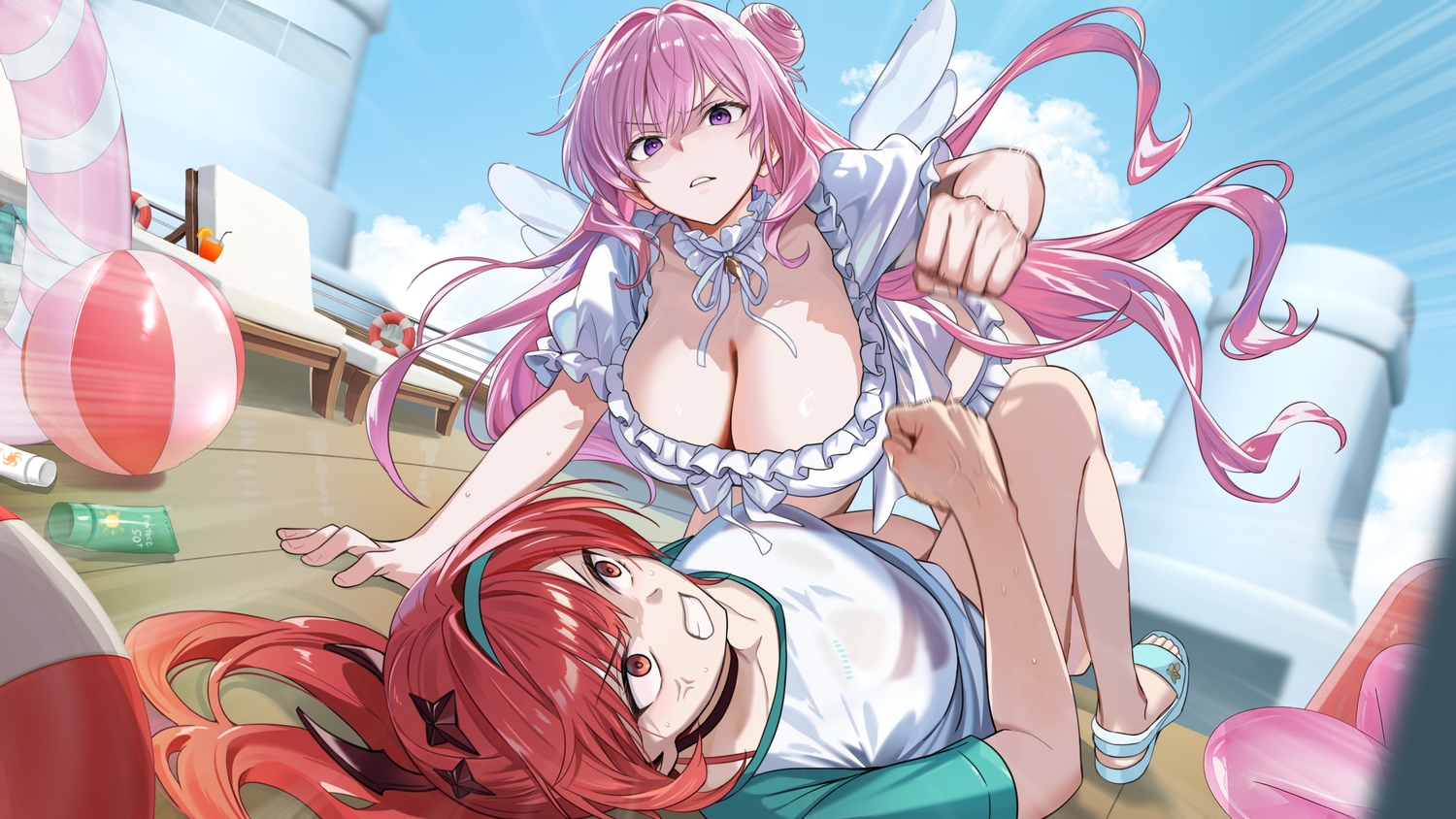 2girls, azuki_yui, ball, bikini, boat, bow, breasts, choker