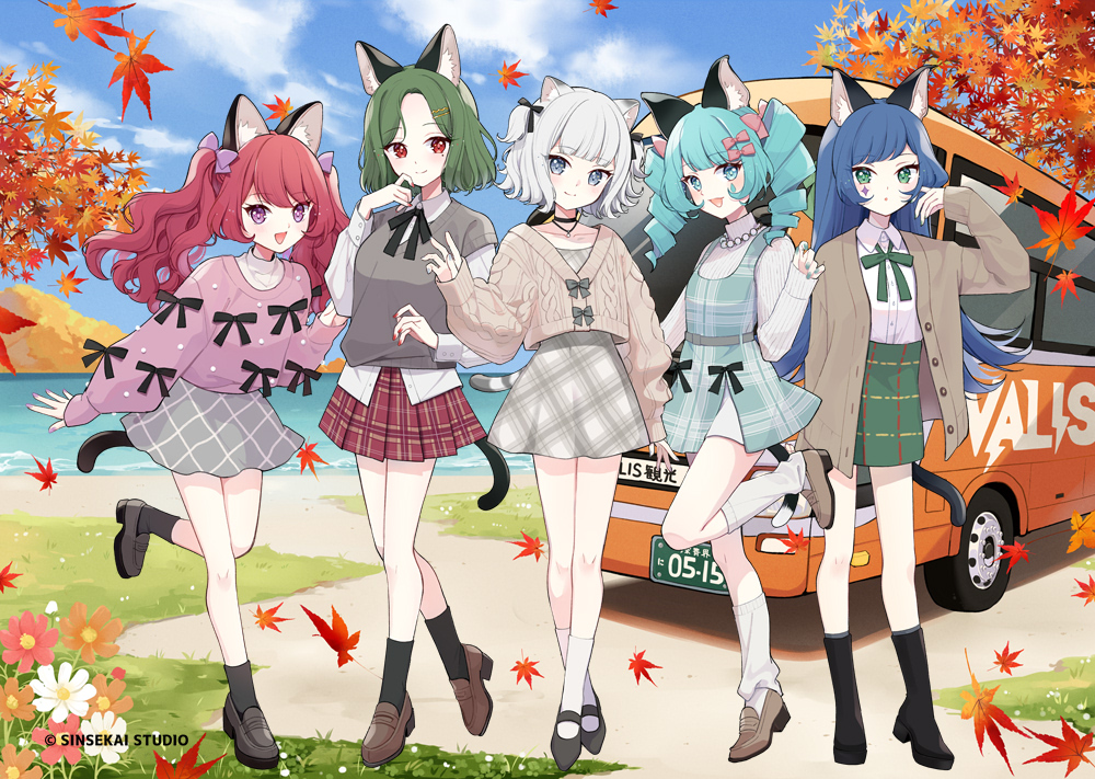 aliasing, animal_ears, aqua_eyes, aqua_hair, autumn, blue_eyes, blue_hair, boots