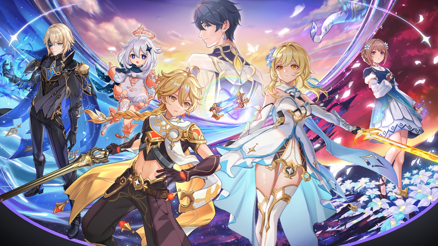 aether_(genshin_impact), aliasing, aqua_eyes, aratakosu_(tako's), armor, black_hair, blonde_hair, blue_eyes