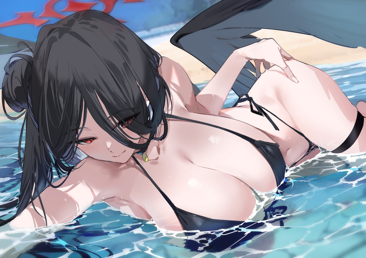 bikini, black_hair, blue_archive, breasts, choker, cleavage, close, halo