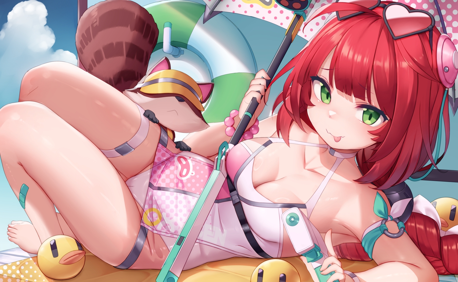 animal, bandaid, barefoot, braids, breasts, cameltoe, choker, cleavage
