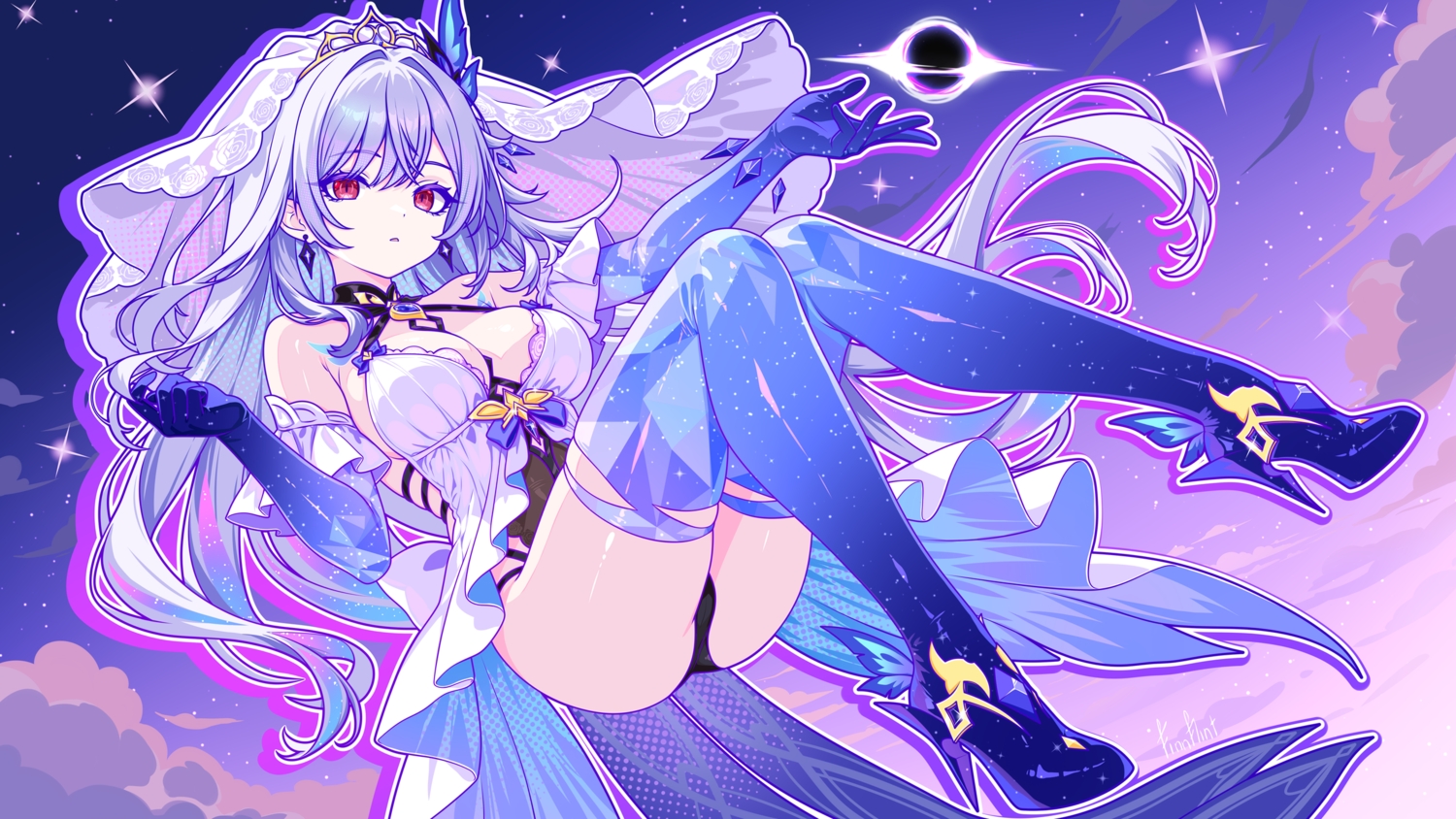 breasts, choker, cleavage, clouds, finn_flint, genshin_impact, gray_hair, headdress, leotard, long_hair, magic, purple, red_eyes, skirk_(genshin_impact), sky, stars, tiara, wristwear