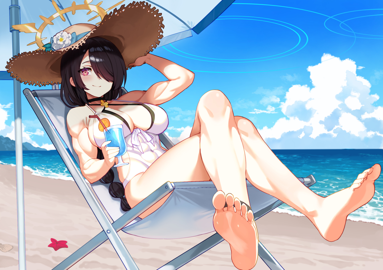 barefoot, beach, black_hair, blue_archive, bow, braids, breasts, choker