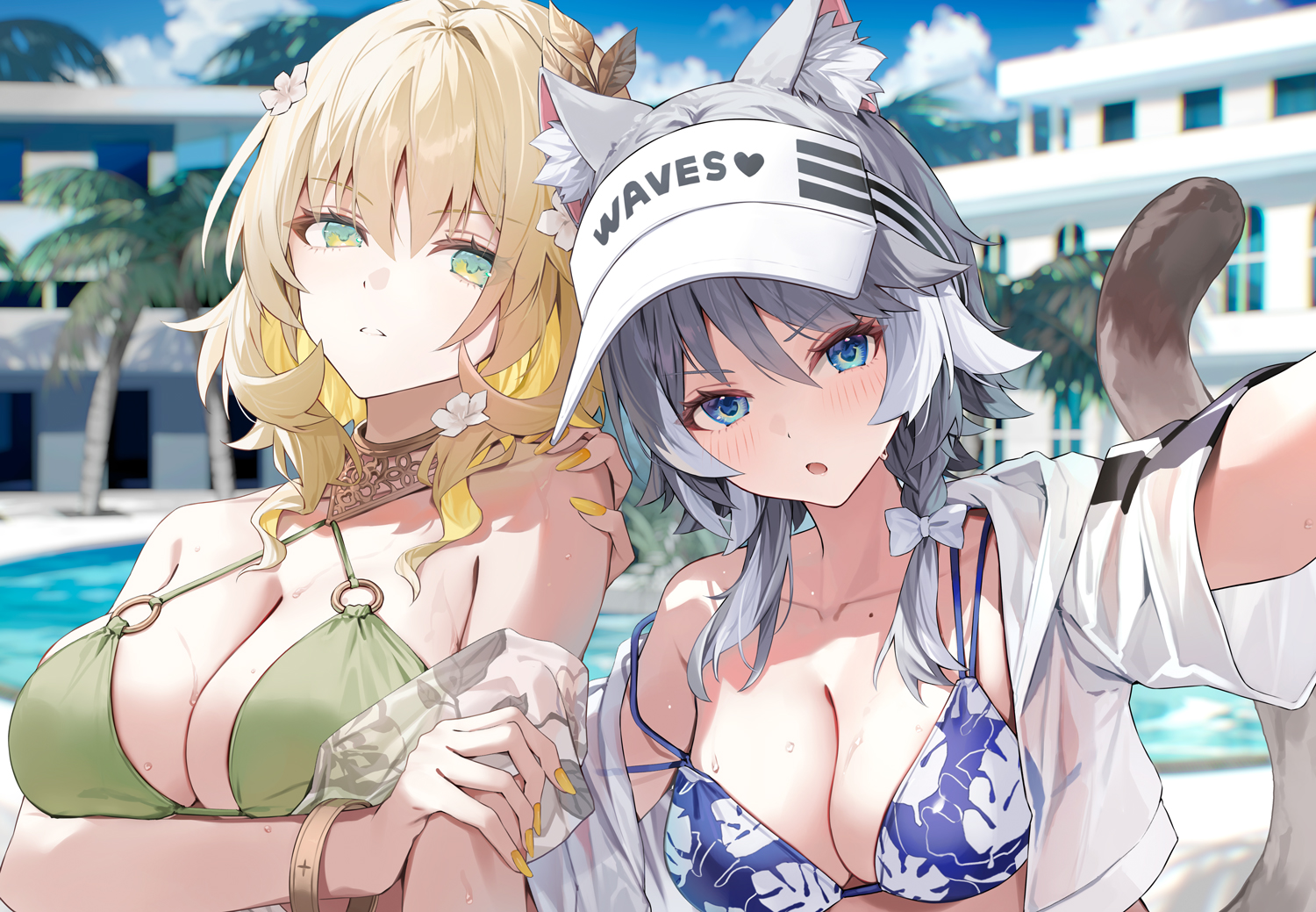 2girls, aglaea_(honkai:_star_rail), animal_ears, bikini, blonde_hair, blue_eyes, blush, bow