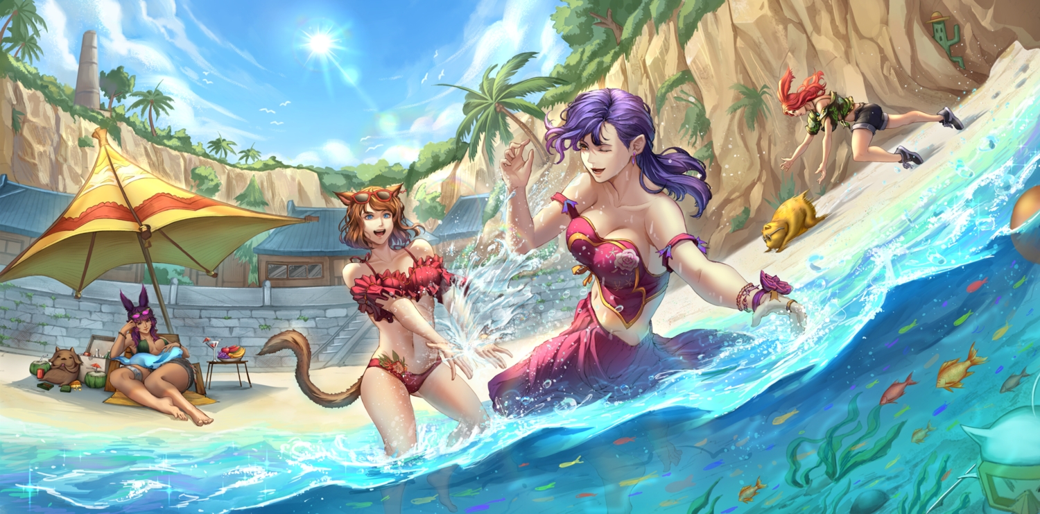 animal_ears, beach, bikini, blue_eyes, breasts, brown_eyes, brown_hair, bunny_ears