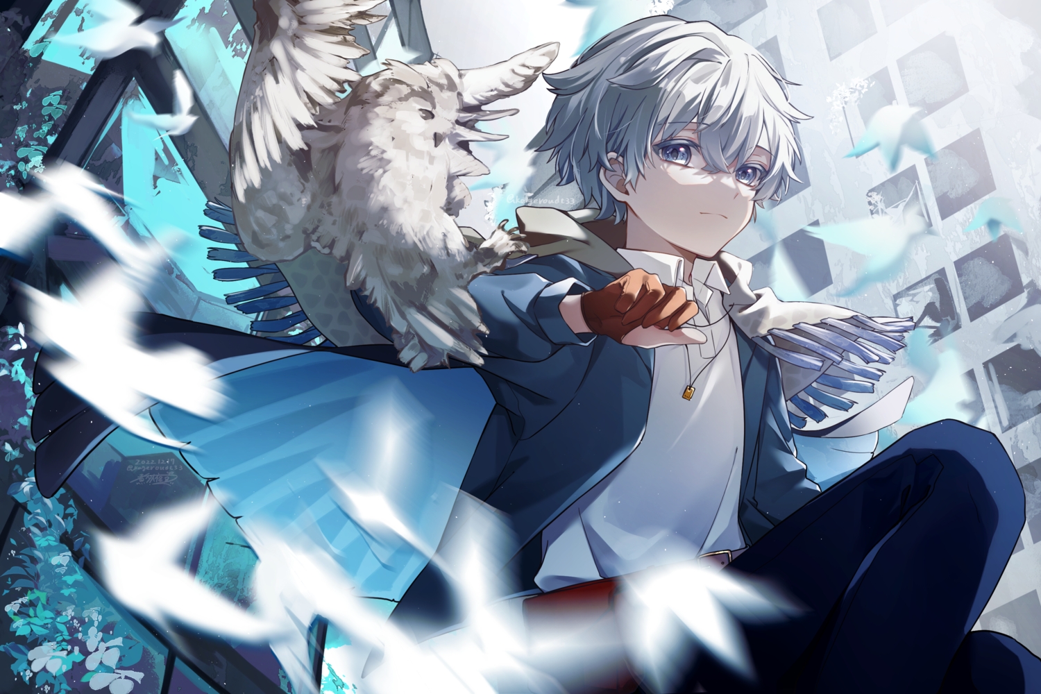 all_male, animal, bird, blue_eyes, building, cape, daifuku_mame_(kageroudt33), gloves, gray_hair, hood, leaves, male, necklace, original, owl, shirt, short_hair, signed