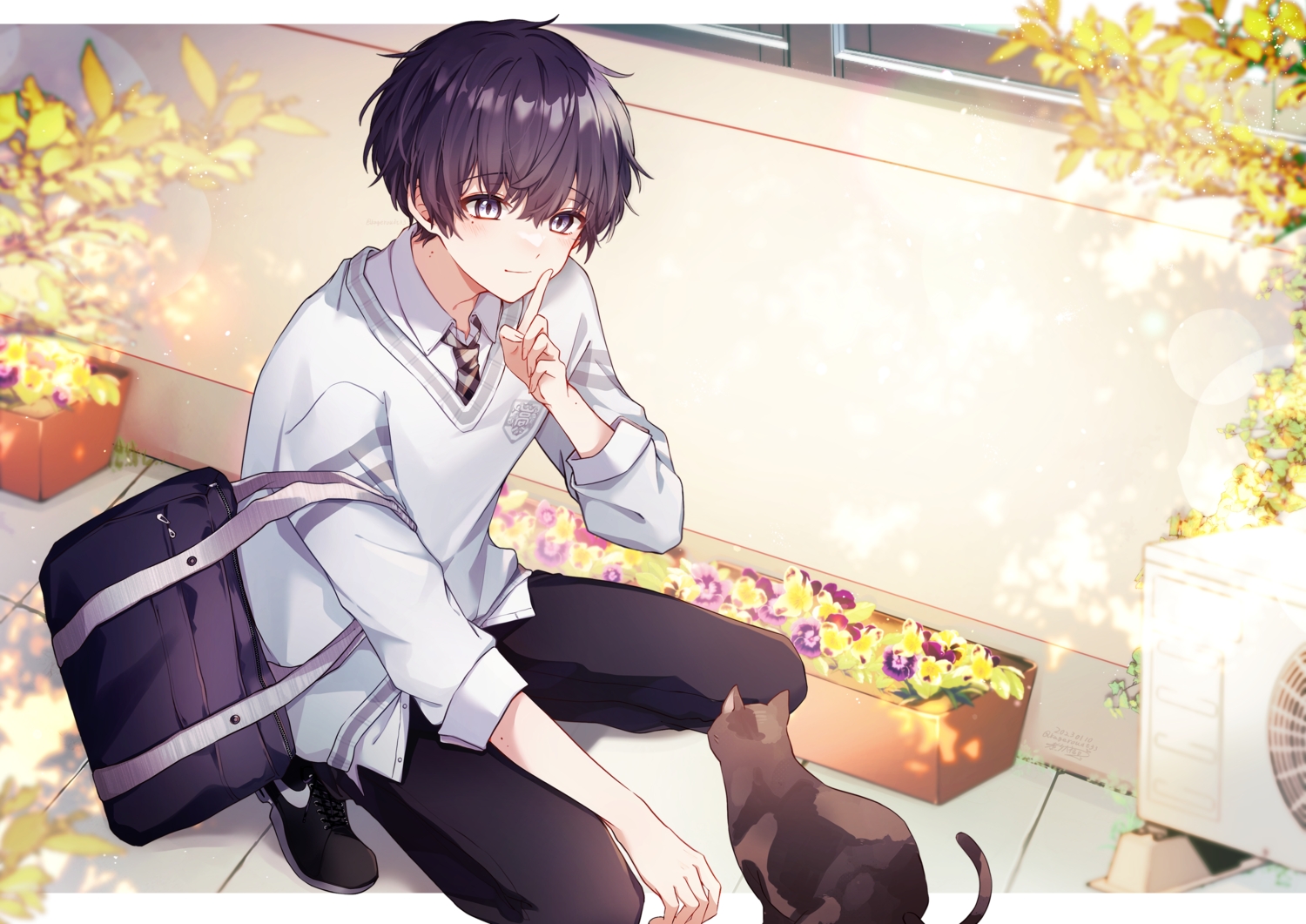 all_male, animal, black_hair, blush, building, cat, daifuku_mame_(kageroudt33), flowers, leaves, male, original, purple_eyes, school_uniform, short_hair, tie