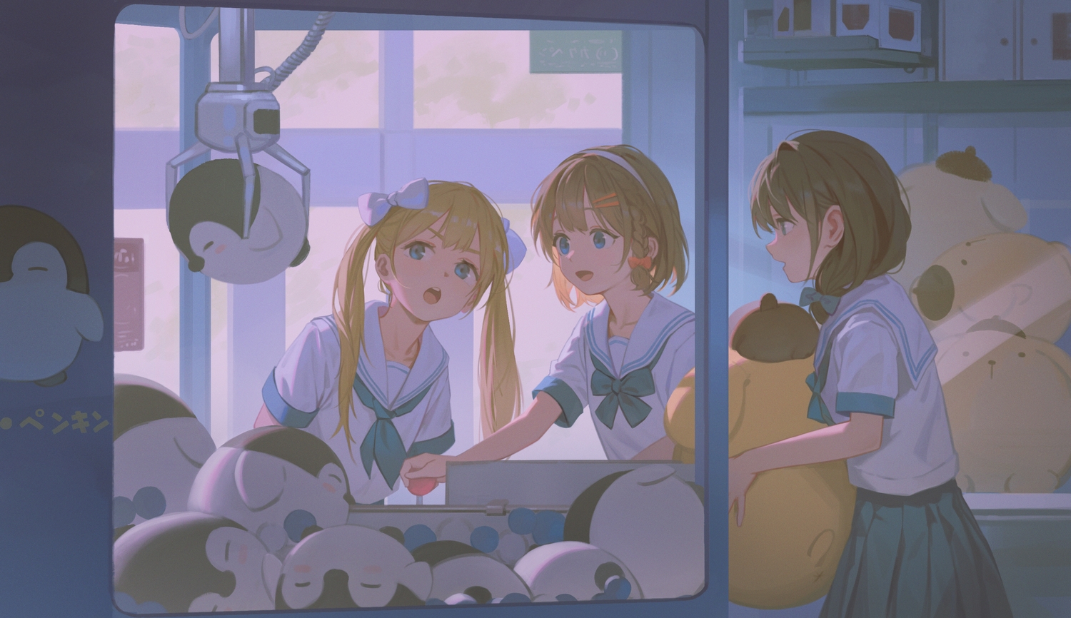 blonde_hair, blue_eyes, bow, braids, dark, doll, headband, hyxifeng, loli, long_hair, original, pompompurin, ponytail, sanrio, school_uniform, shirt, short_hair, skirt, twintails