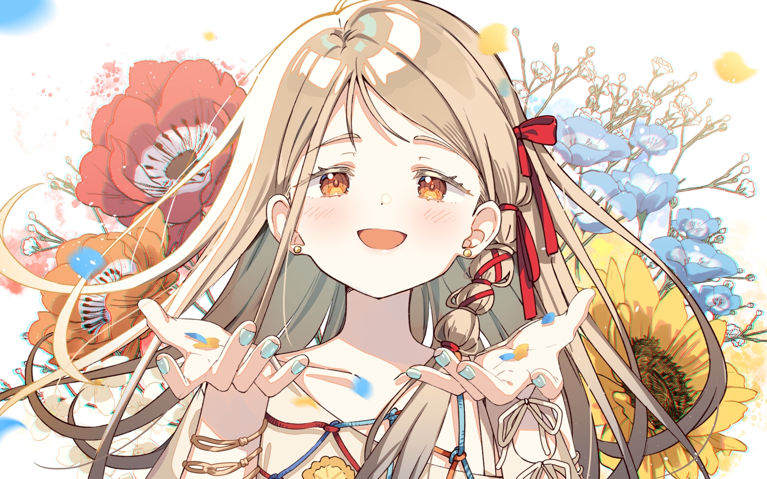 blush, bow, brown_hair, close, flowers, gakuen_idolmaster, idolmaster, long_hair
