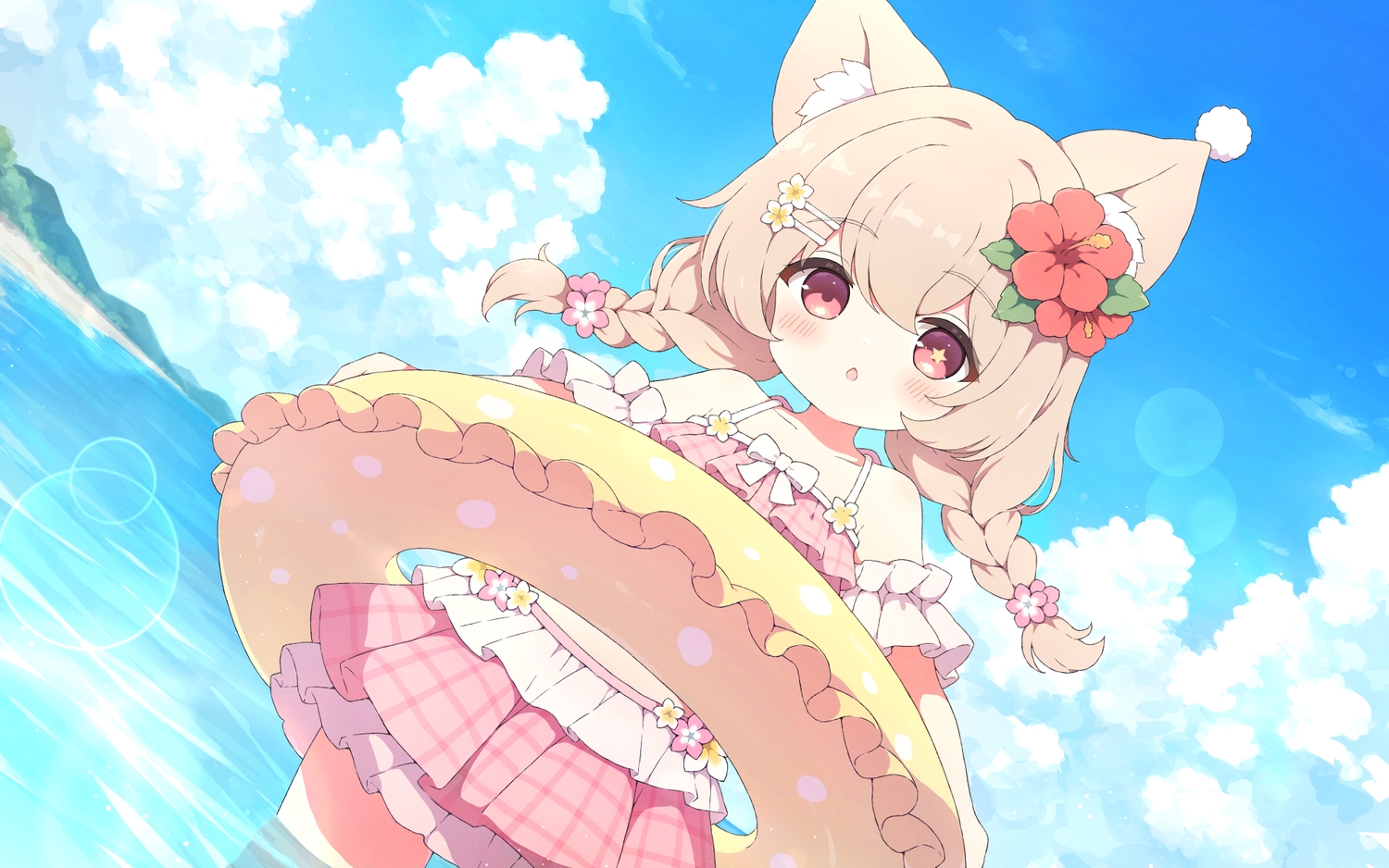 animal_ears, beach, bikini, blush, braids, brown_hair, clouds, hanamaru_lily, loli, long_hair, original, red_eyes, skirt, sky, swim_ring, swimsuit, twintails, tyakomes, water