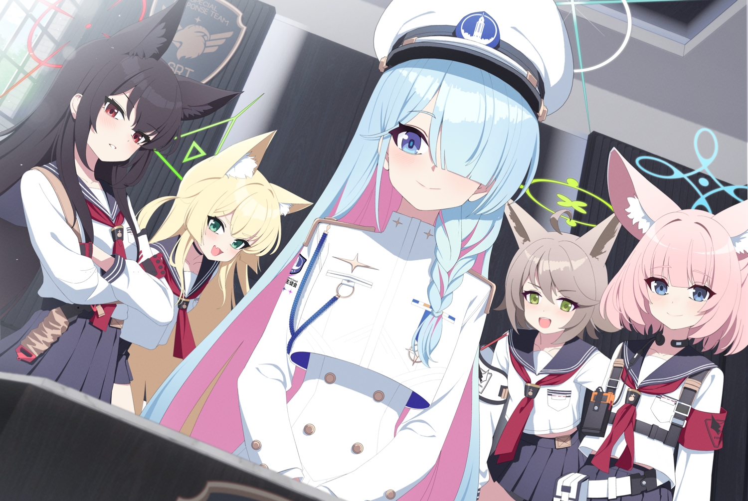 aliasing, animal_ears, black_hair, blonde_hair, blue_archive, blue_eyes, blue_hair, blush