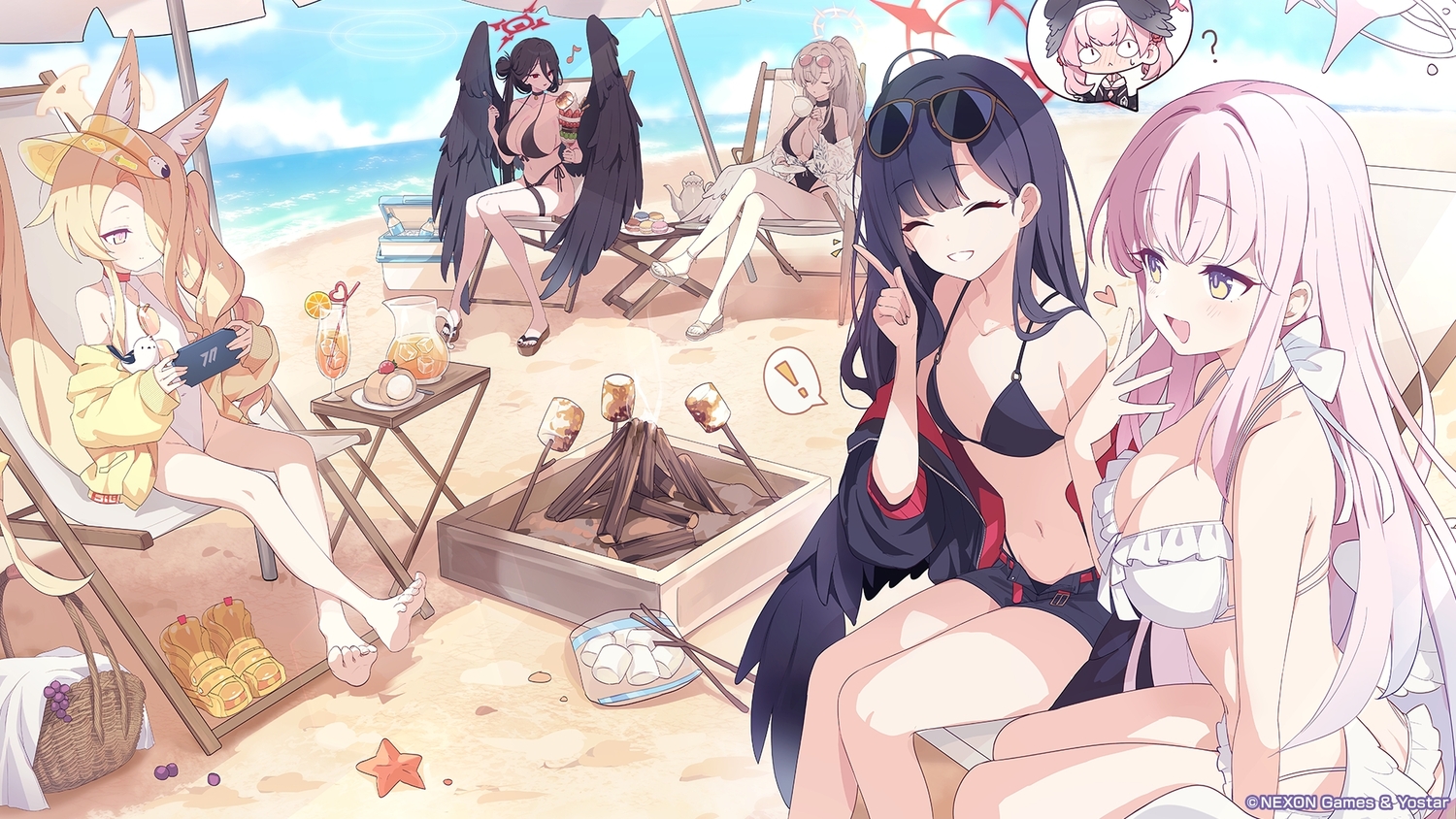 aliasing, animal_ears, barefoot, beach, bikini, black_hair, blonde_hair, blue_archive