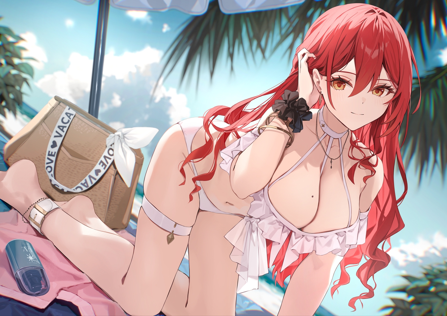 barefoot, beach, bikini, blush, breasts, choker, cleavage, clouds