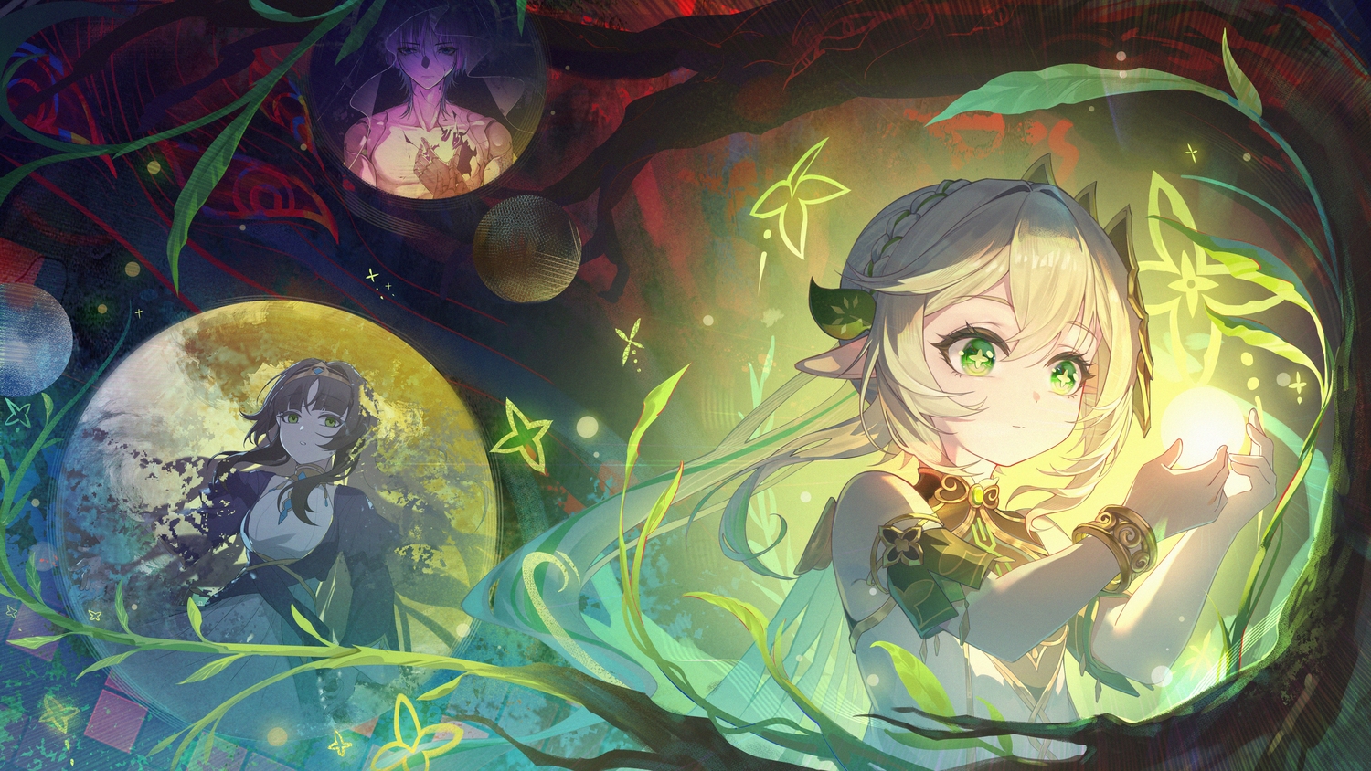 black_hair, braids, doll, dress, dunyarzad_(genshin_impact), genshin_impact, gray_hair, green_eyes, headband, leaves, loli, long_hair, male, nahida_(genshin_impact), pointed_ears, ponytail, purple_eyes, purple_hair, scaramouche_(genshin_impact), short_hair, topless, tree, tu_er_tm, wristwear