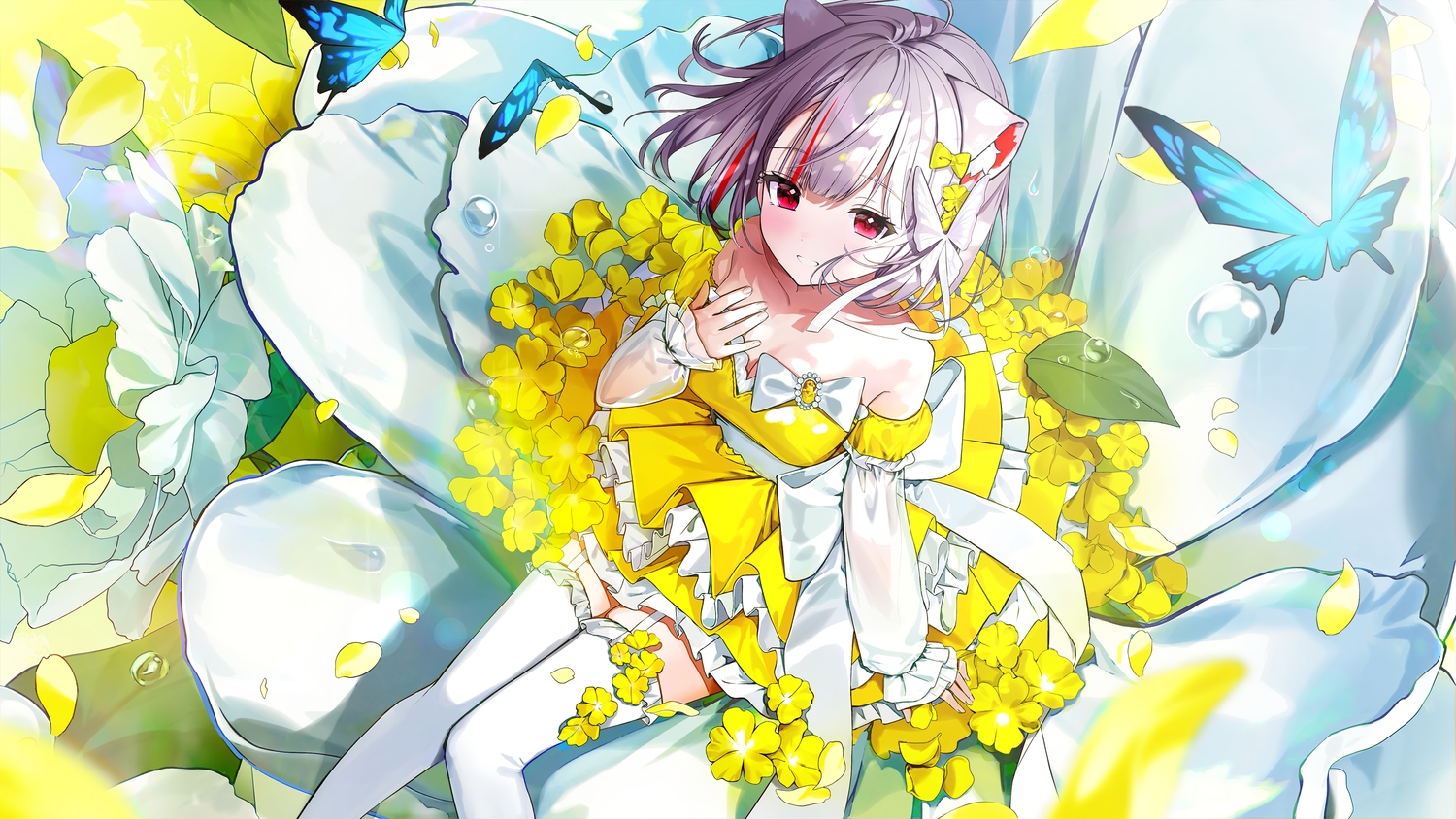 animal_ears, bow, breasts, butterfly, catgirl, cleavage, dress, eumi_114