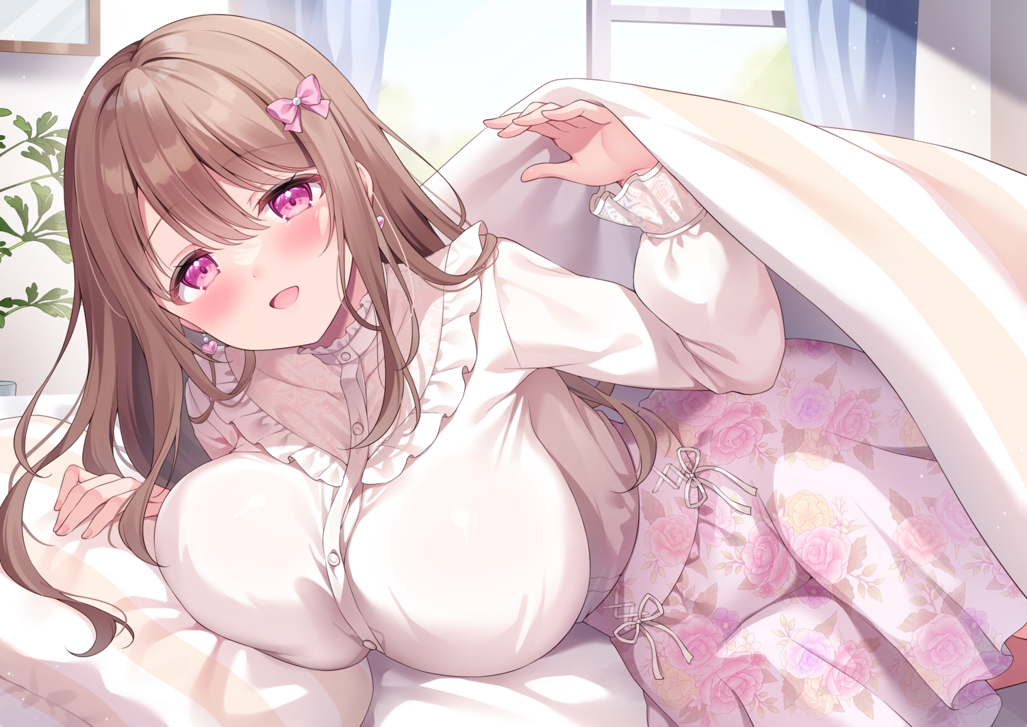 bed, blush, brown_hair, long_hair, original, pink_eyes, shiono_(0303)