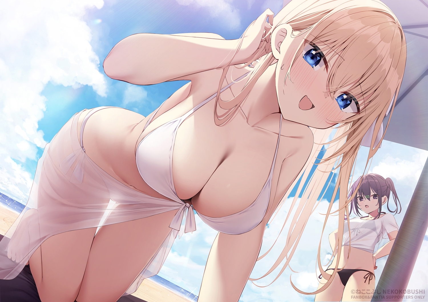 2girls, barefoot, beach, bikini, blonde_hair, blue_eyes, blush, bow