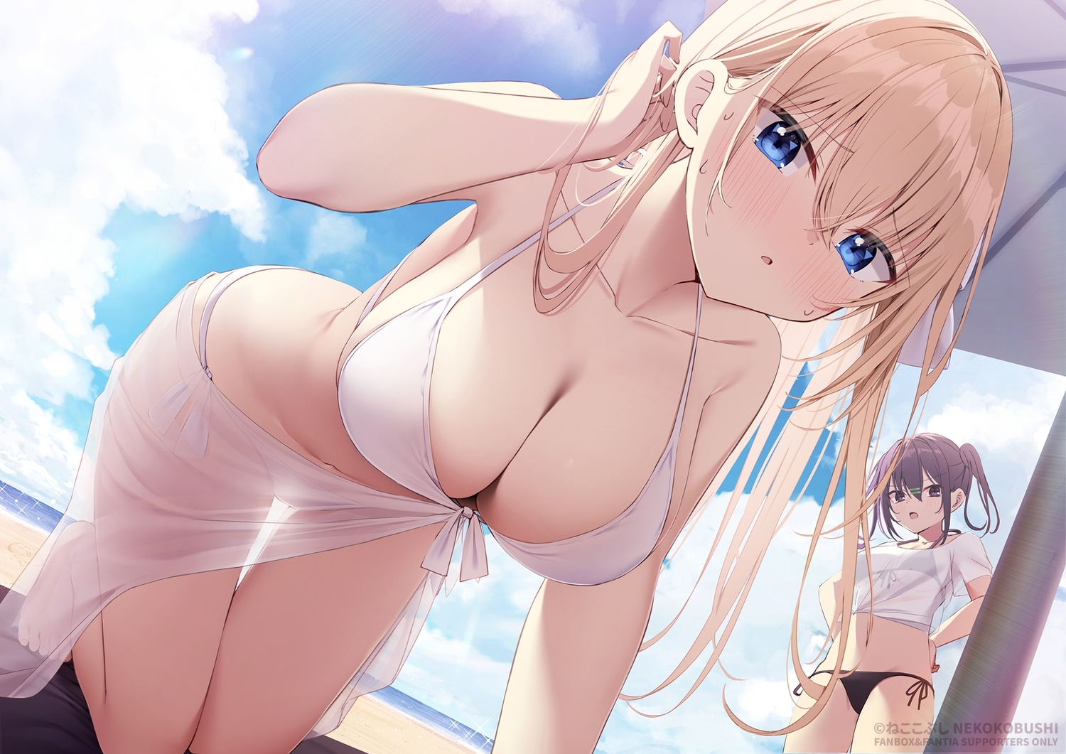 2girls, barefoot, beach, bikini, blonde_hair, blue_eyes, blush, bow