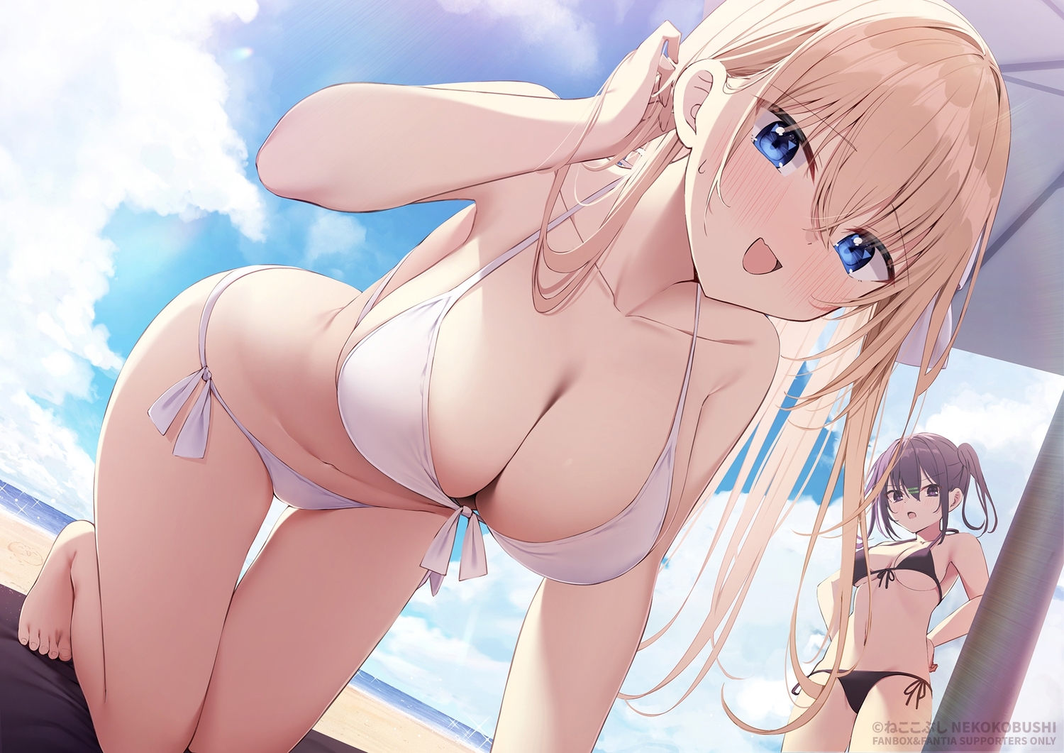2girls, barefoot, beach, bikini, blonde_hair, blue_eyes, blush, bow