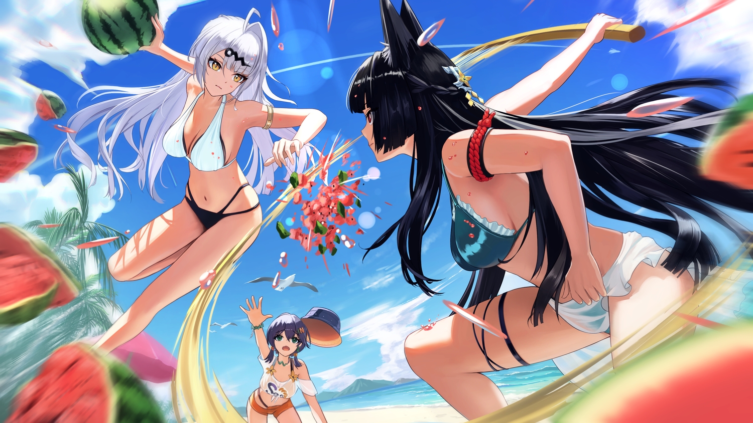 animal, animal_ears, beach, belle_(zenless_zone_zero), bikini, bird, black_hair, blue_hair