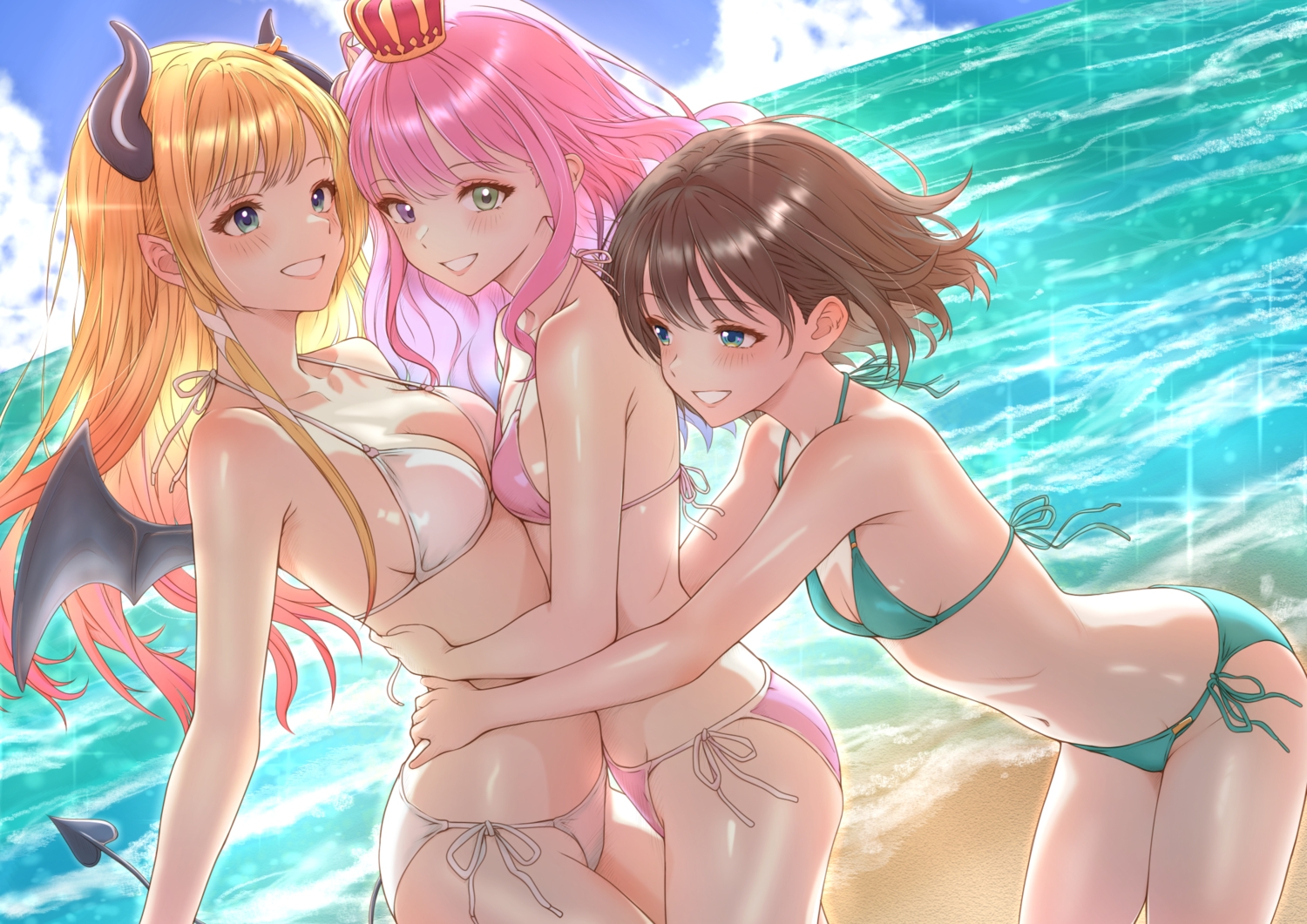 aqua_eyes, beach, bicolored_eyes, bikini, blonde_hair, blush, breasts, brown_hair