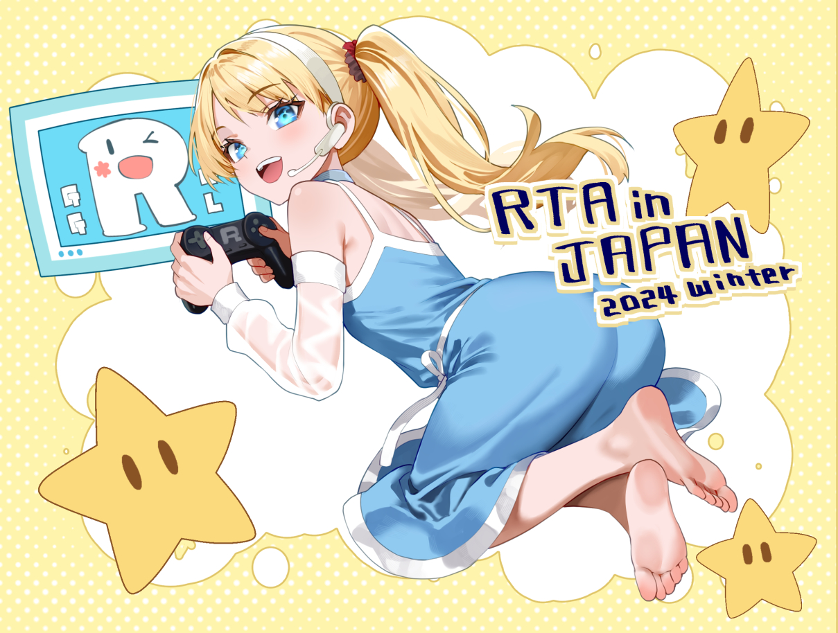 ass, barefoot, blonde_hair, blue_eyes, choker, dress, game_console, headphones, long_hair, microphone, murata_taichi, rta-chan, rta_in_japan, see_through, stars, summer_dress, twintails