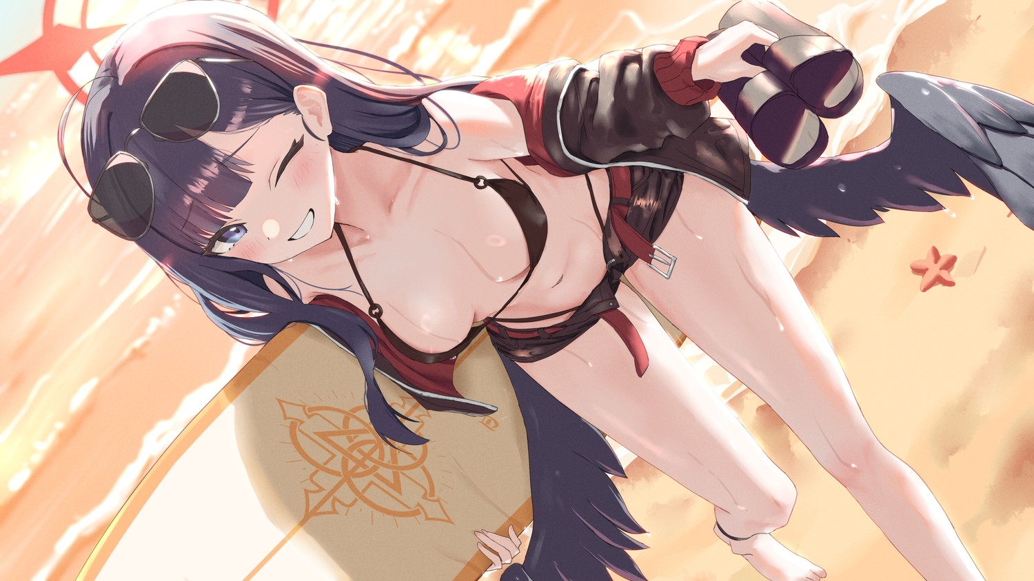 barefoot, beach, bikini, black_hair, blue_archive, blue_eyes, blush, close