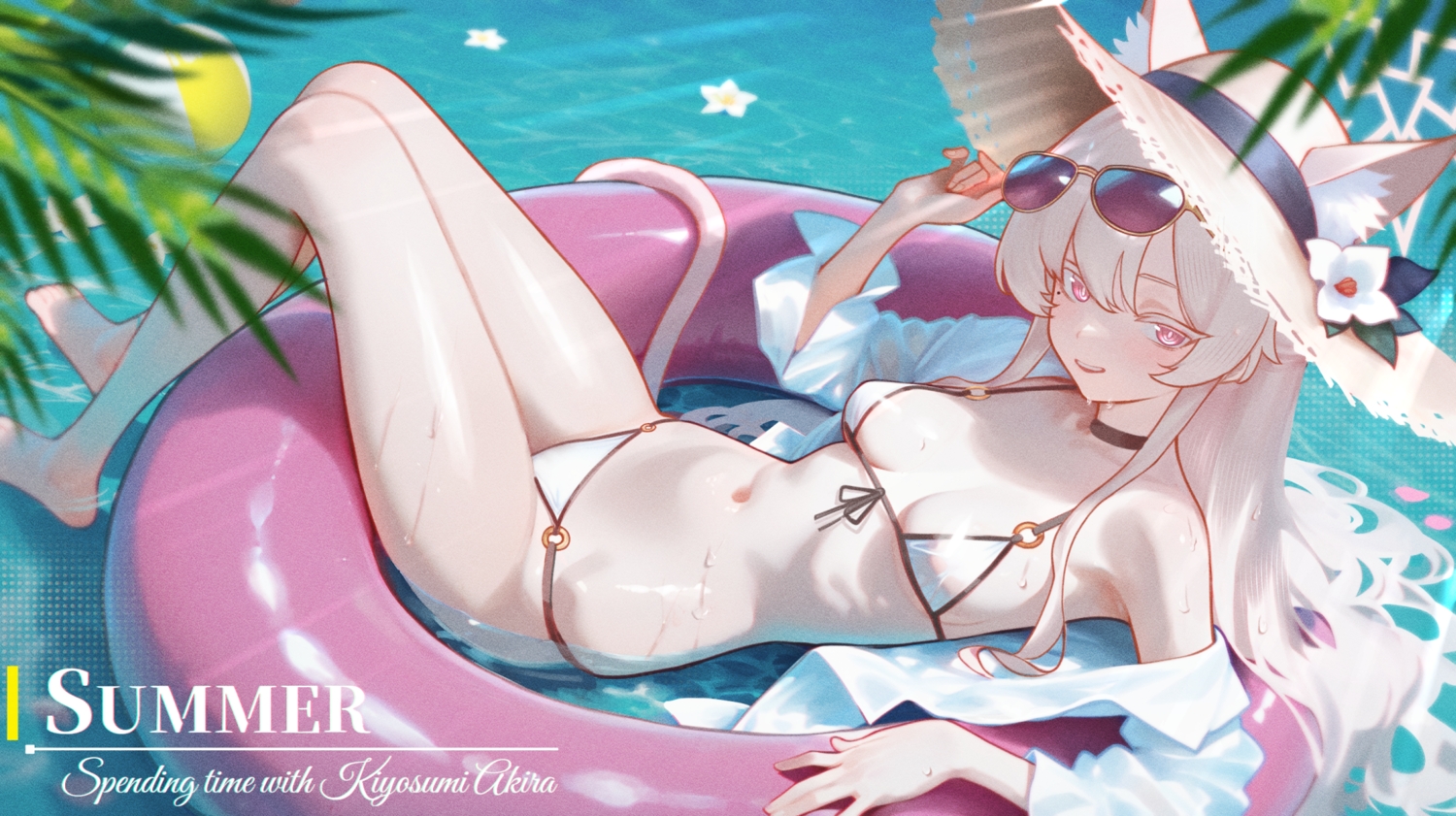 animal_ears, ball, barefoot, bikini, blue_archive, breasts, catgirl, choker