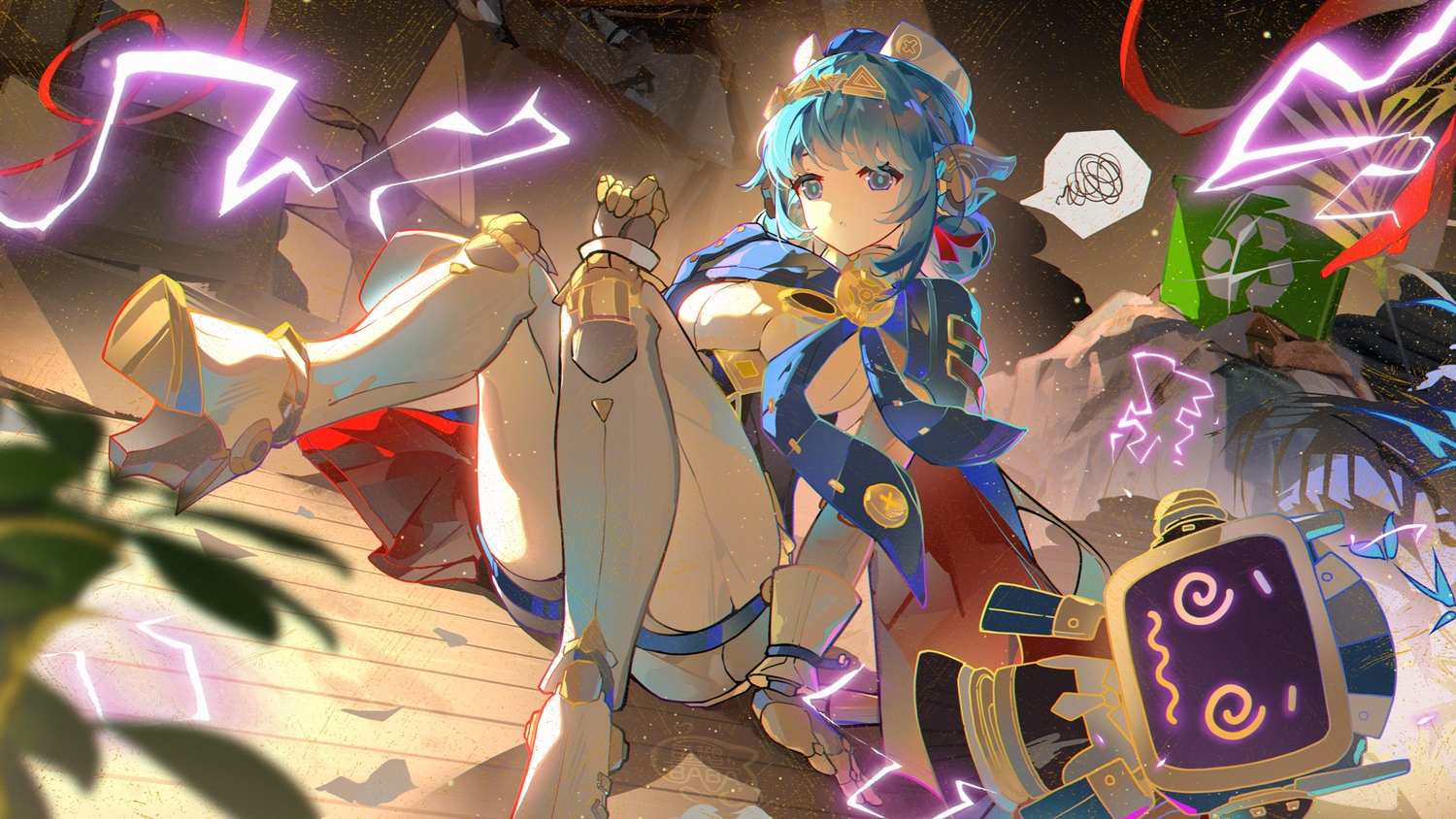 aqua_eyes, aqua_hair, cape, genshin_impact, hat, ineffa_(genshin_impact), robot, techgirl, yu_e_baba