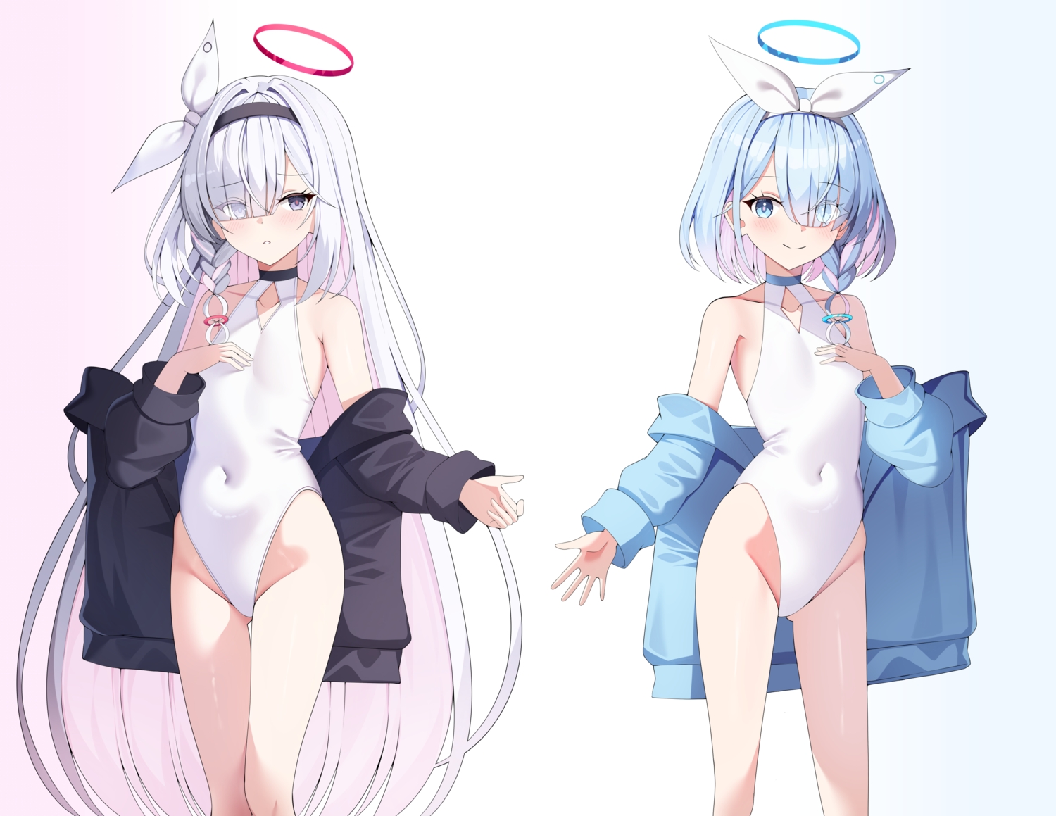 2girls, aliasing, arona_(blue_archive), blue_archive, blue_eyes, blue_hair, blush, braids, choker, cosplay, flat_chest, gradient, gray_eyes, gray_hair, headband, long_hair, plana_(blue_archive), short_hair, sob_(submar1089), swimsuit, white