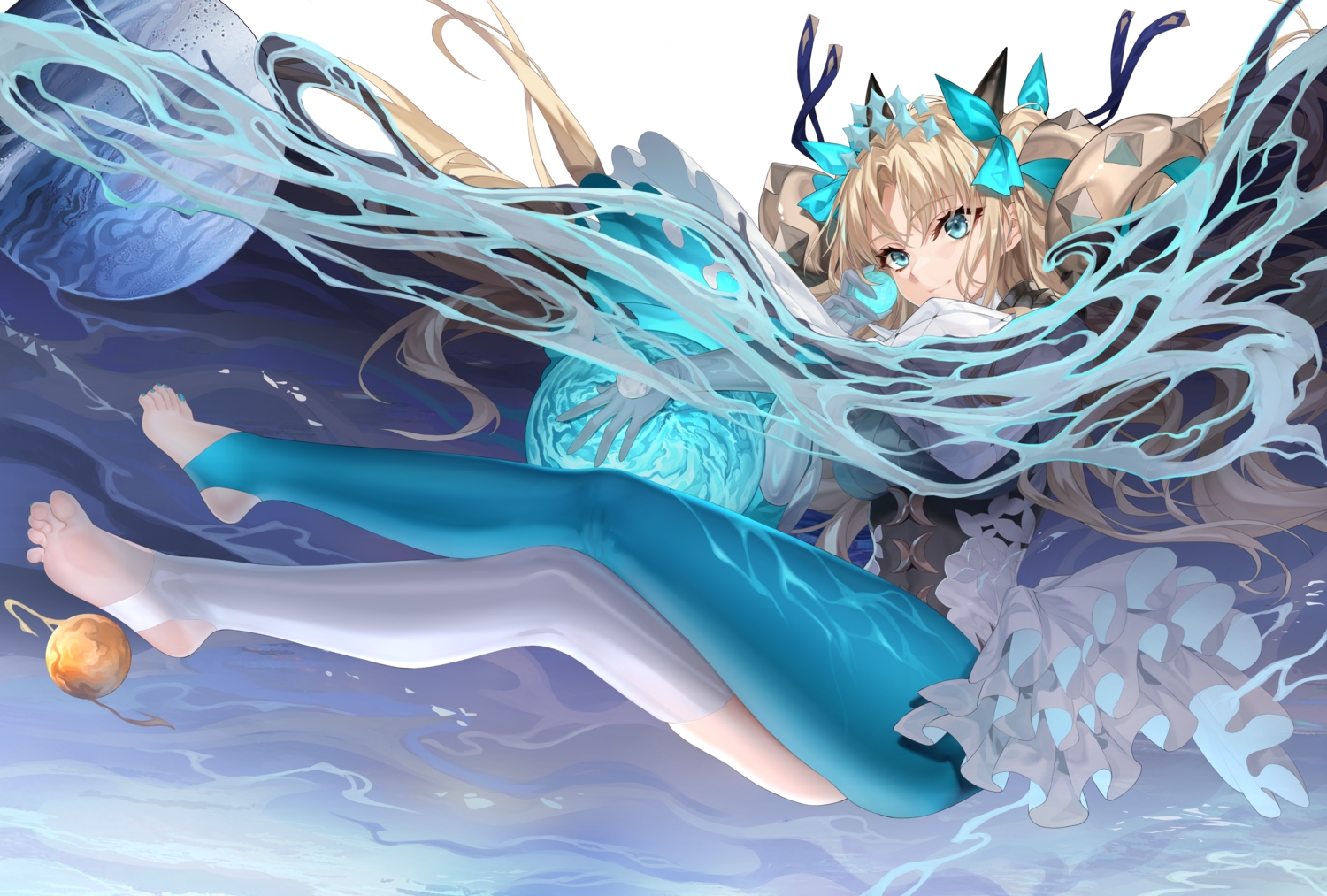 aqua_eyes, barefoot, blonde_hair, elbow_gloves, ereshkigal_(fate/grand_order), fate/grand_order, fate_(series), gloves
