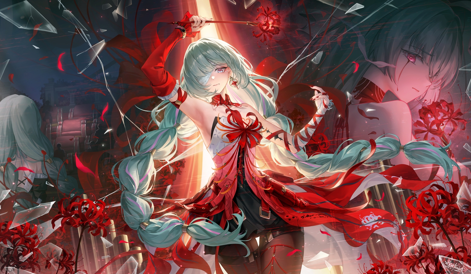aqua_hair, bandage, bantish, braids, crying, dress, eyepatch, flowers
